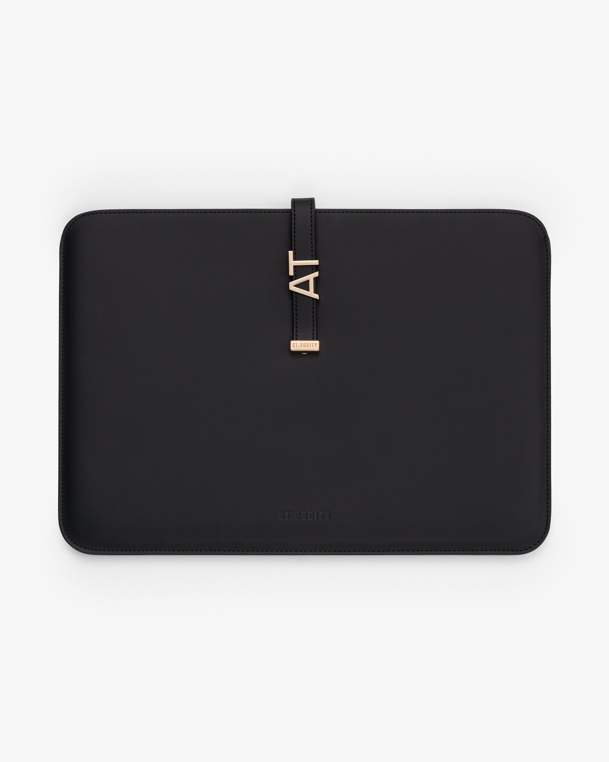 Black/Gold 15"/15" laptop sleeve with 'AT' gold personalisation.