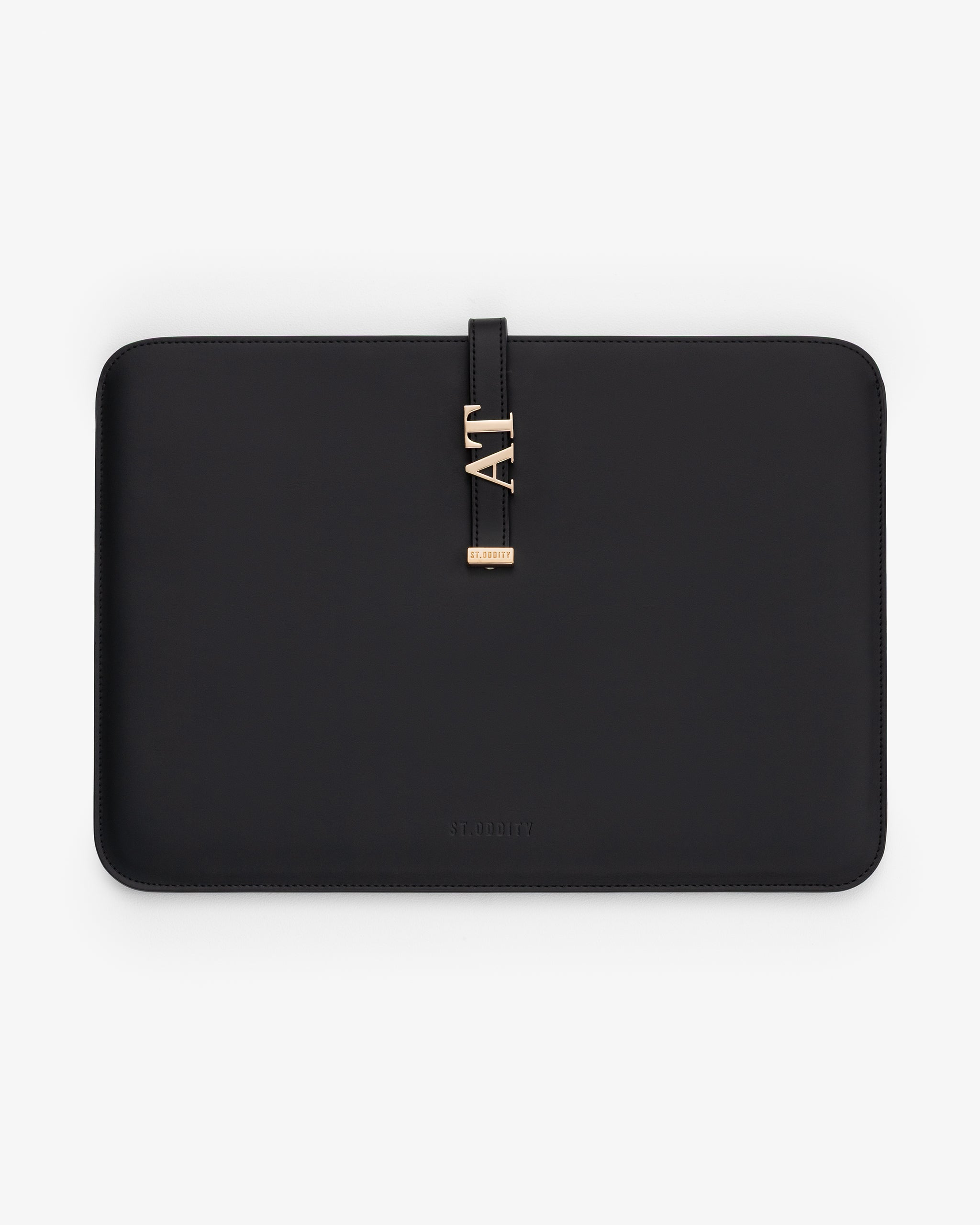 Black/Gold 15"/15" laptop sleeve with 'AT' gold personalisation.