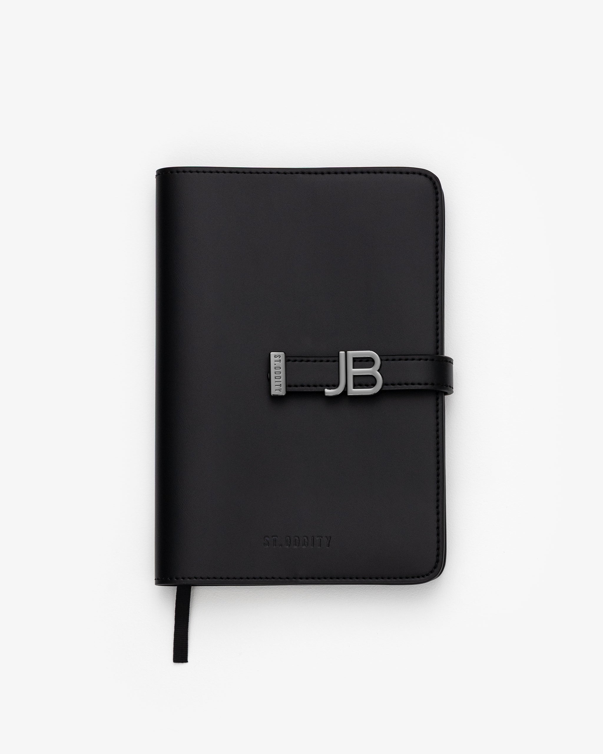 Black notebook with gunmetal personalisation 'JB' on a white background