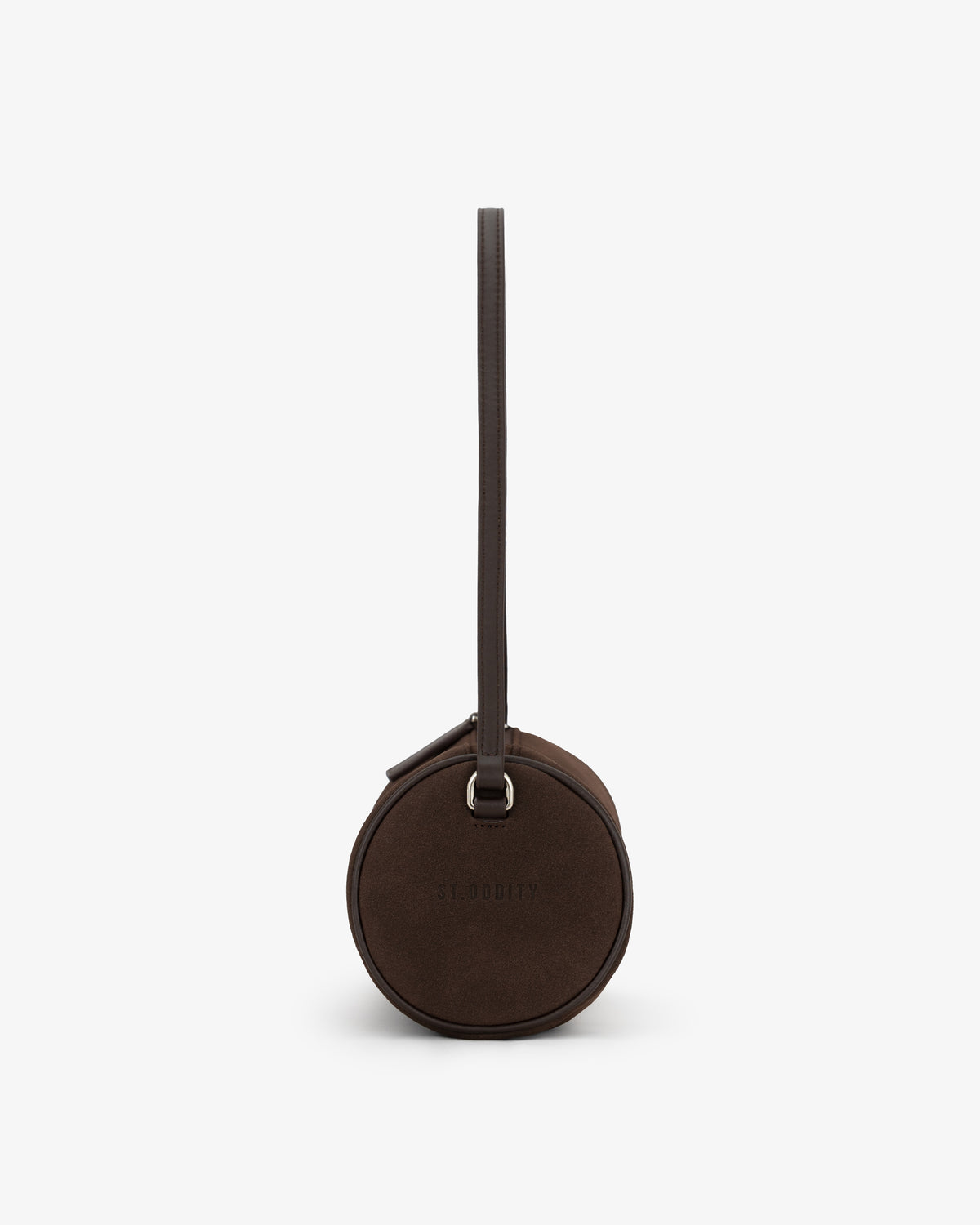 A dark brown round leather bag with a long matching shoulder strap and a small silver-tone metal ring, shown against a plain white background.
