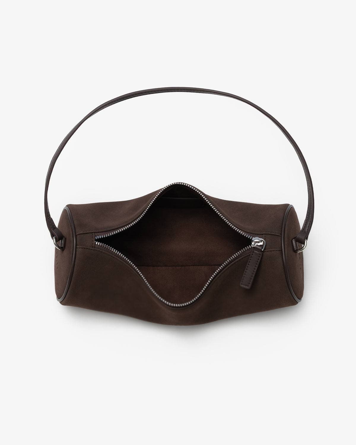 A dark brown suede shoulder bag with an open top zipper, shown from a top-down view on a light gray background.