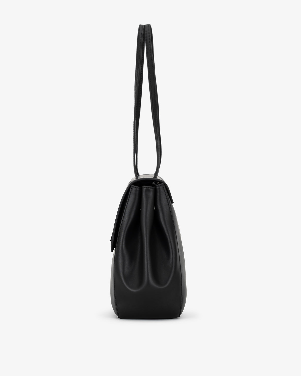 A black leather bag with a single shoulder strap, shown from the back against a light gray background.