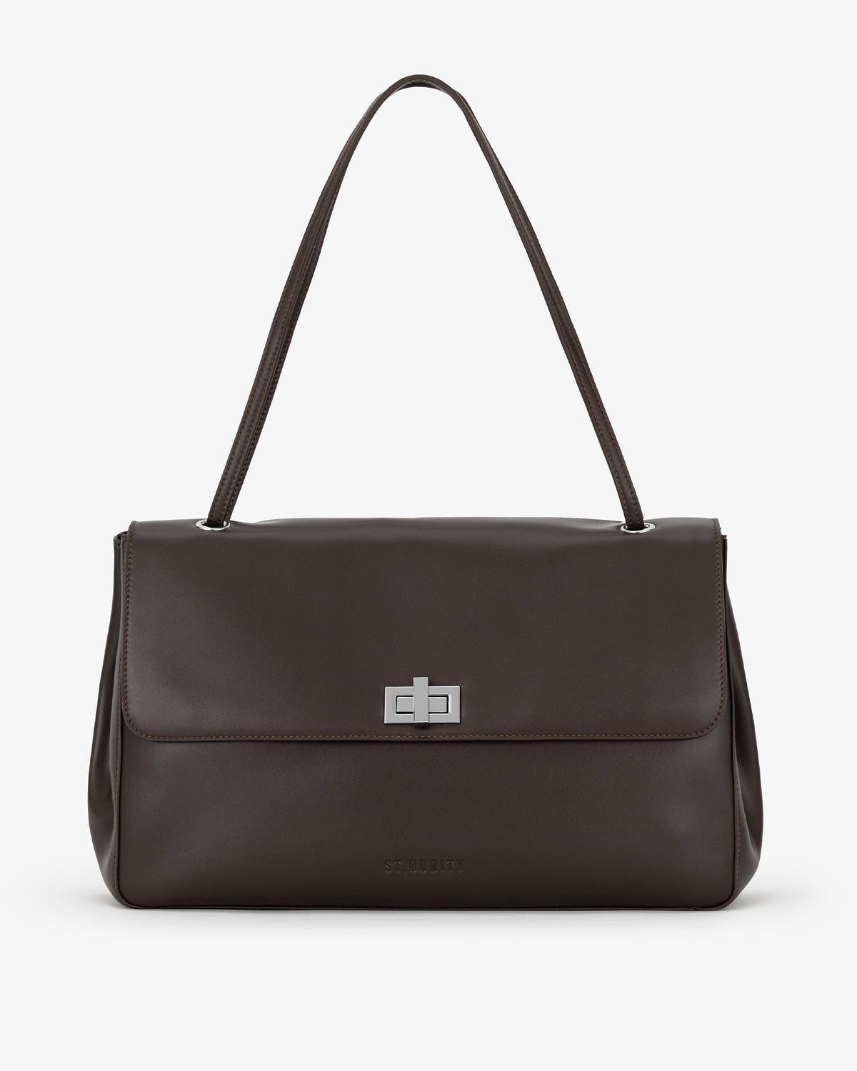 A dark brown leather shoulder bag with a single strap and a silver-tone metal clasp on the front flap, shown against a plain white background.