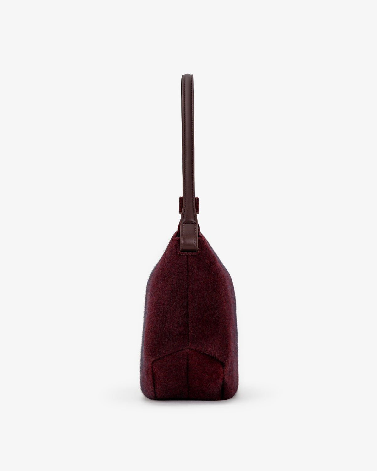 A dark burgundy pony hair shoulder bag with a matching dark brown leather strap, shown from a side profile view against a clean white background.