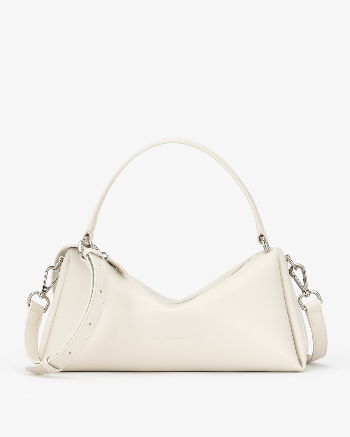 An off-white leather shoulder bag with a curved top handle, silver-tone hardware, and a detachable shoulder strap, shown against a plain white background.