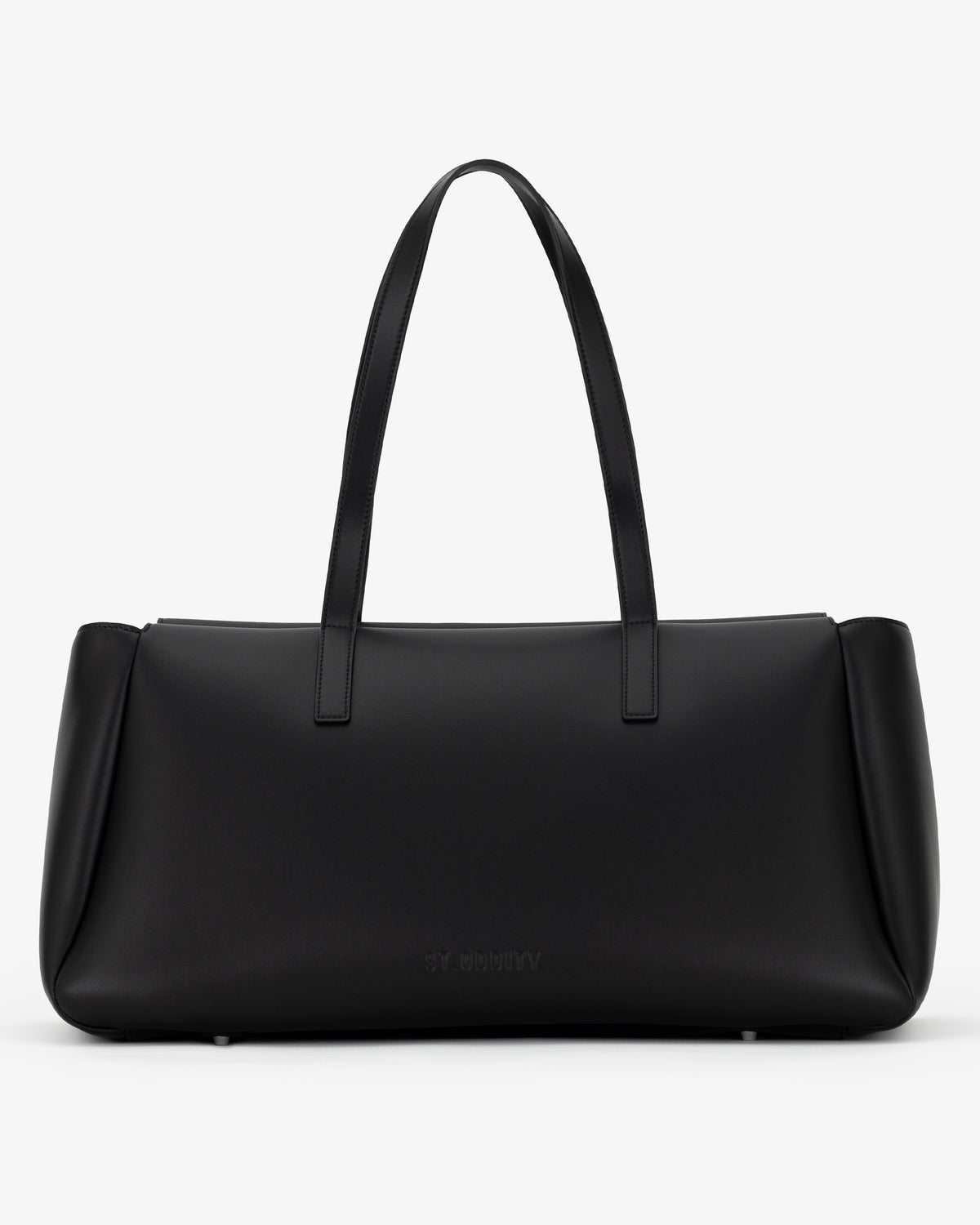 A black leather tote bag with dual top handles and a subtle embossed logo on the front, photographed against a clean white background.