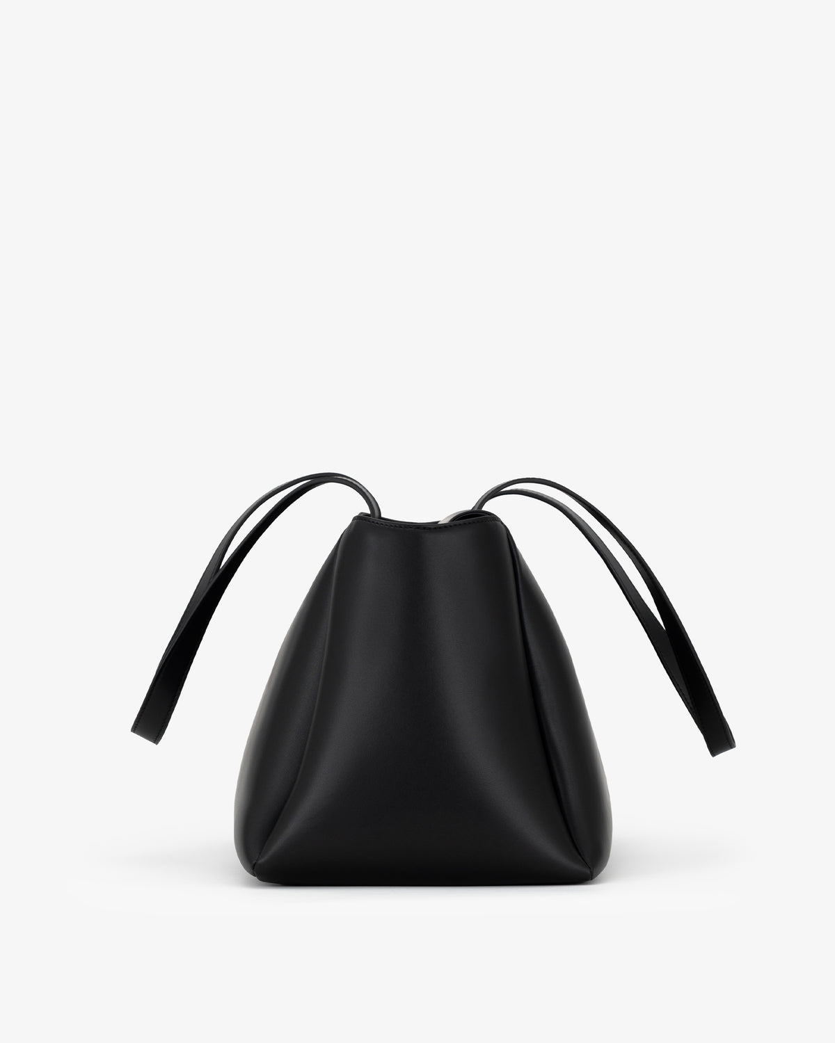 A black leather bucket bag with a slouchy, rounded silhouette and thin shoulder straps, photographed against a clean white background.