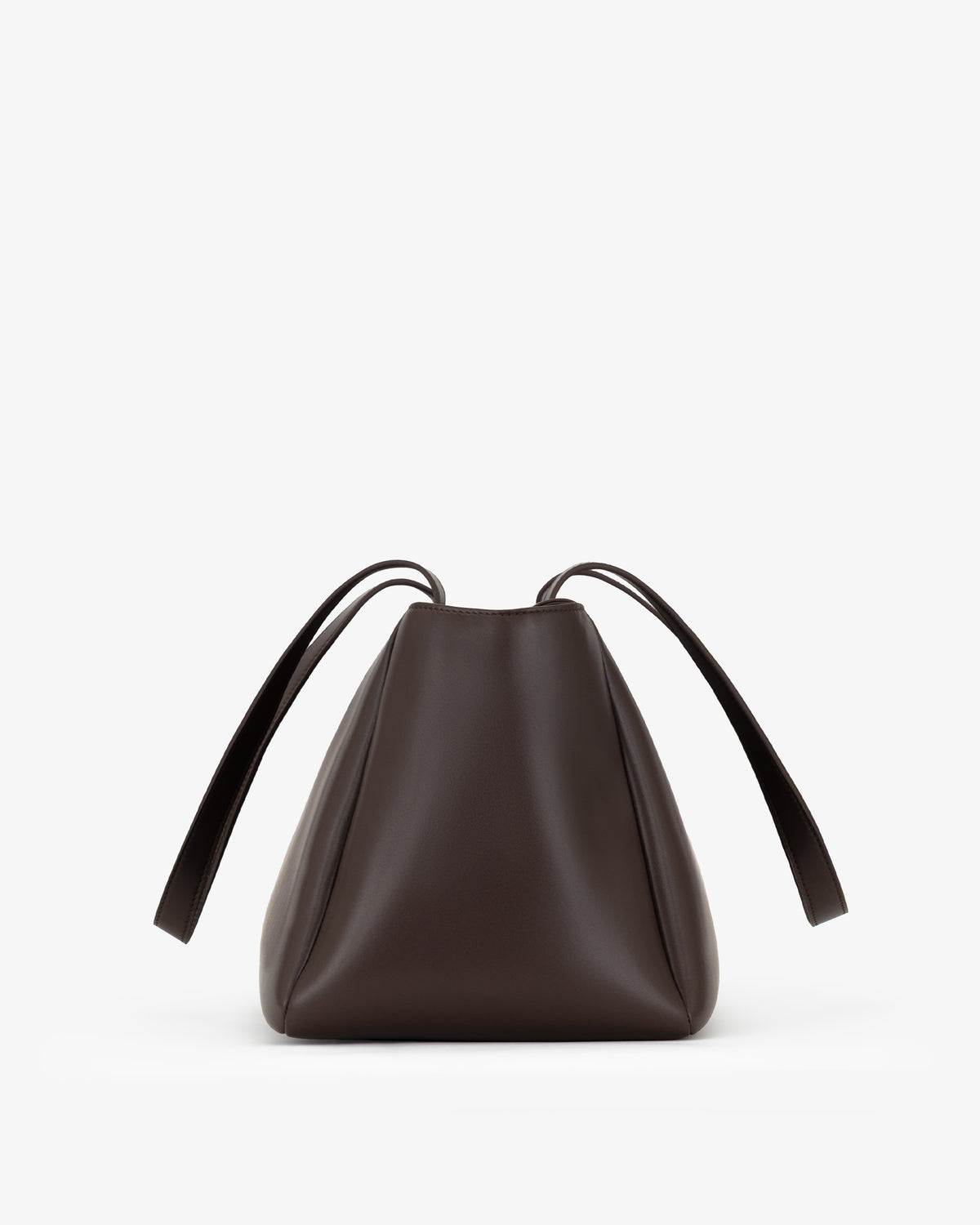 Side of a dark brown leather bag with two long shoulder straps, photographed against a clean white background.