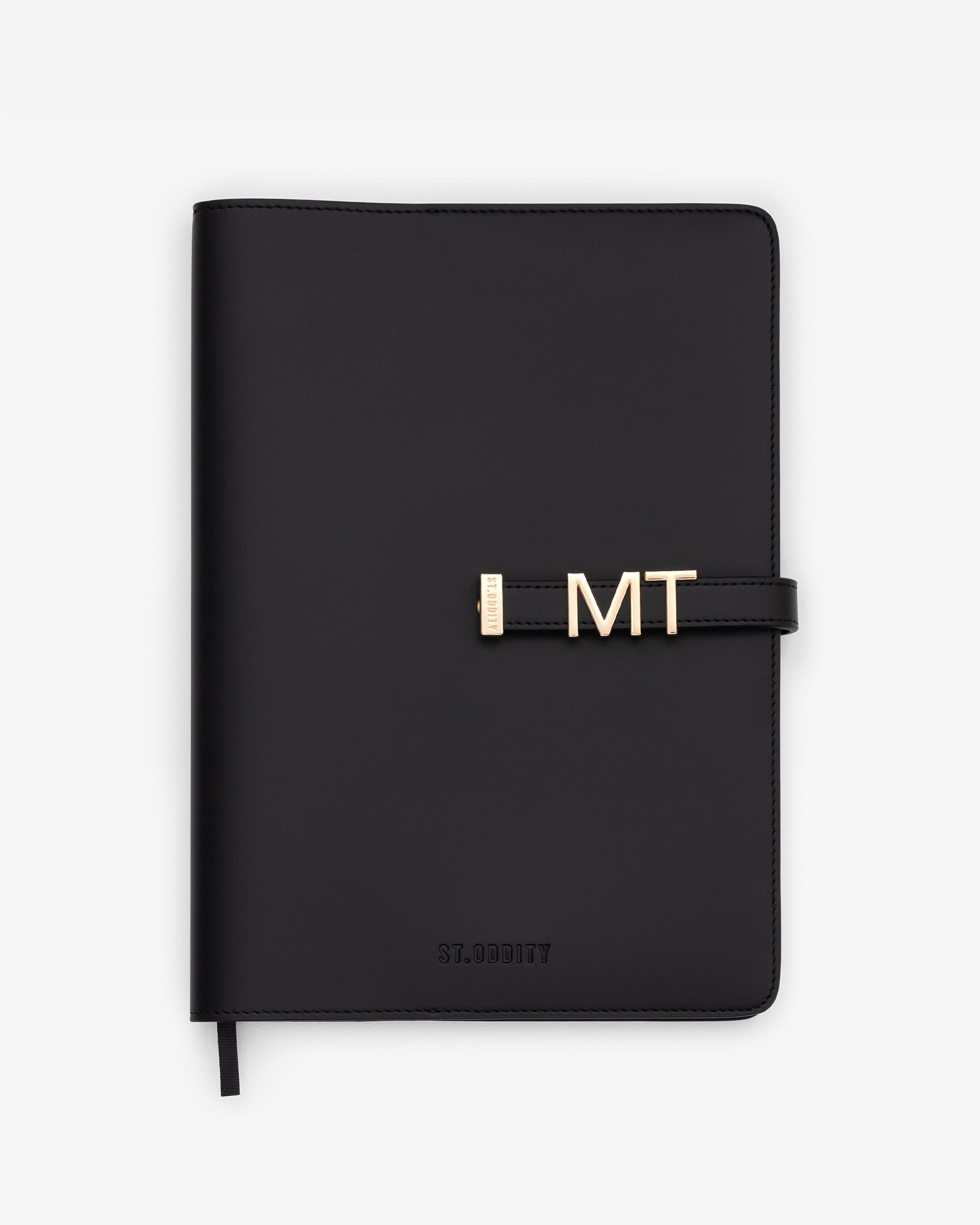 Black/Gold A4 Notebook with 'MT' gold personalisation on a white background.