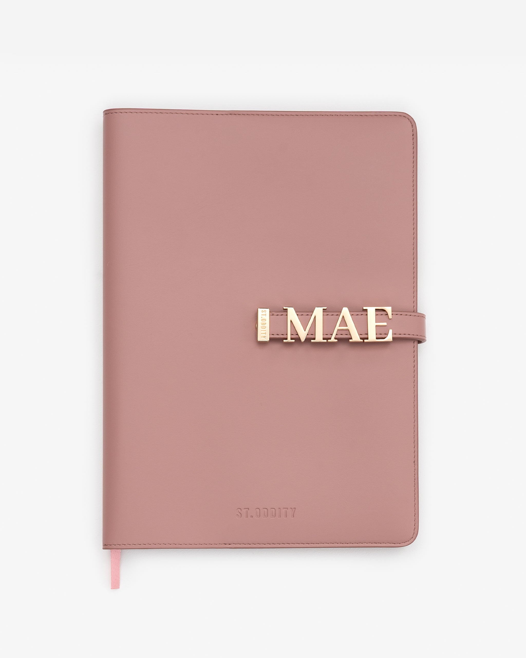 Blush A4 Notebook with 'MAE' gold personalisation on a white background