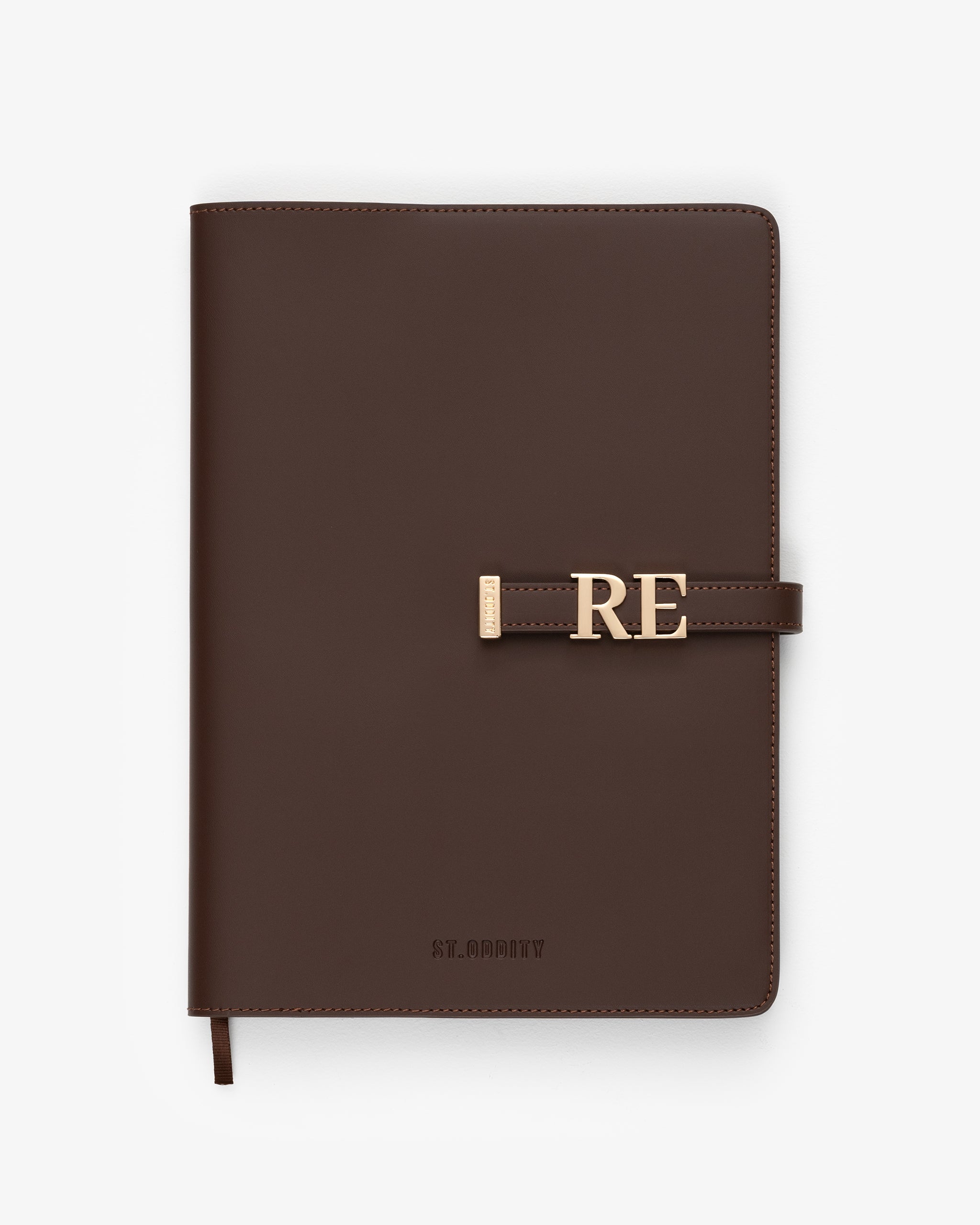 A4 Brown notebook with 'RE' personalisation on a white background