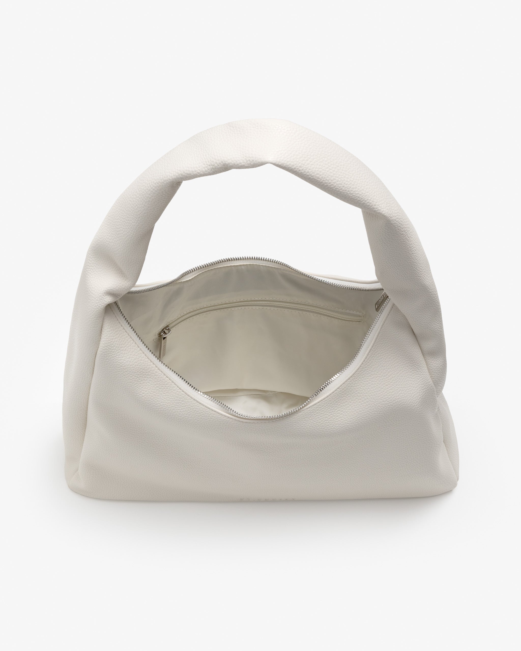 Open Off White Hobo Bag on a white background, showing zip pocket inside and white lining