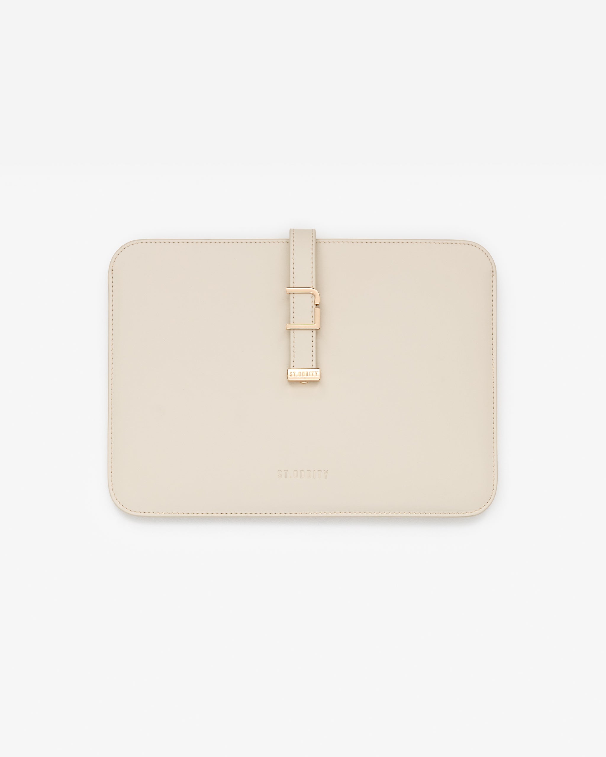 Off white iPad sleeve with gold personalisation 'LJ' on a white background
