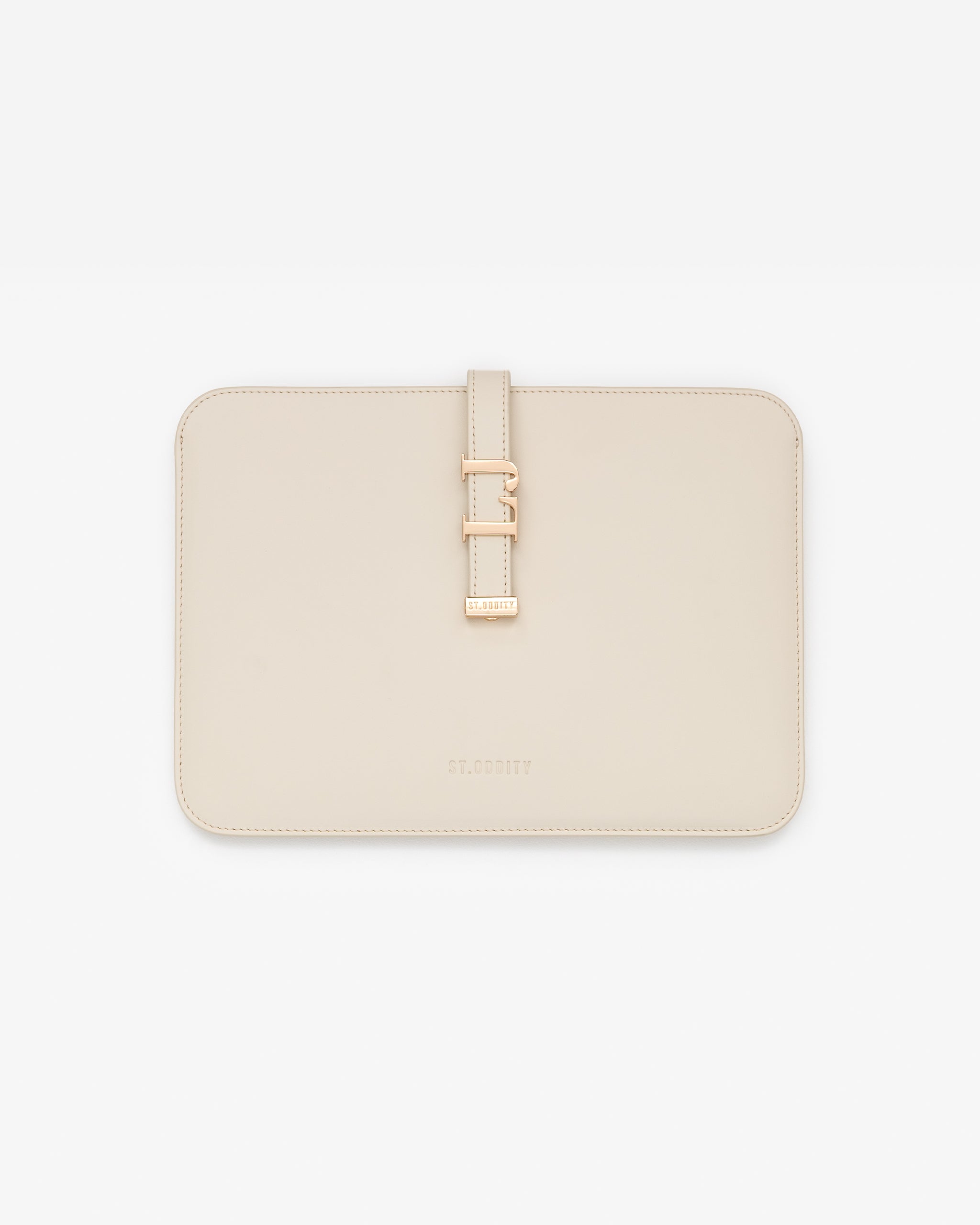 Off white iPad sleeve with gold personalisation 'LJ' on a white background