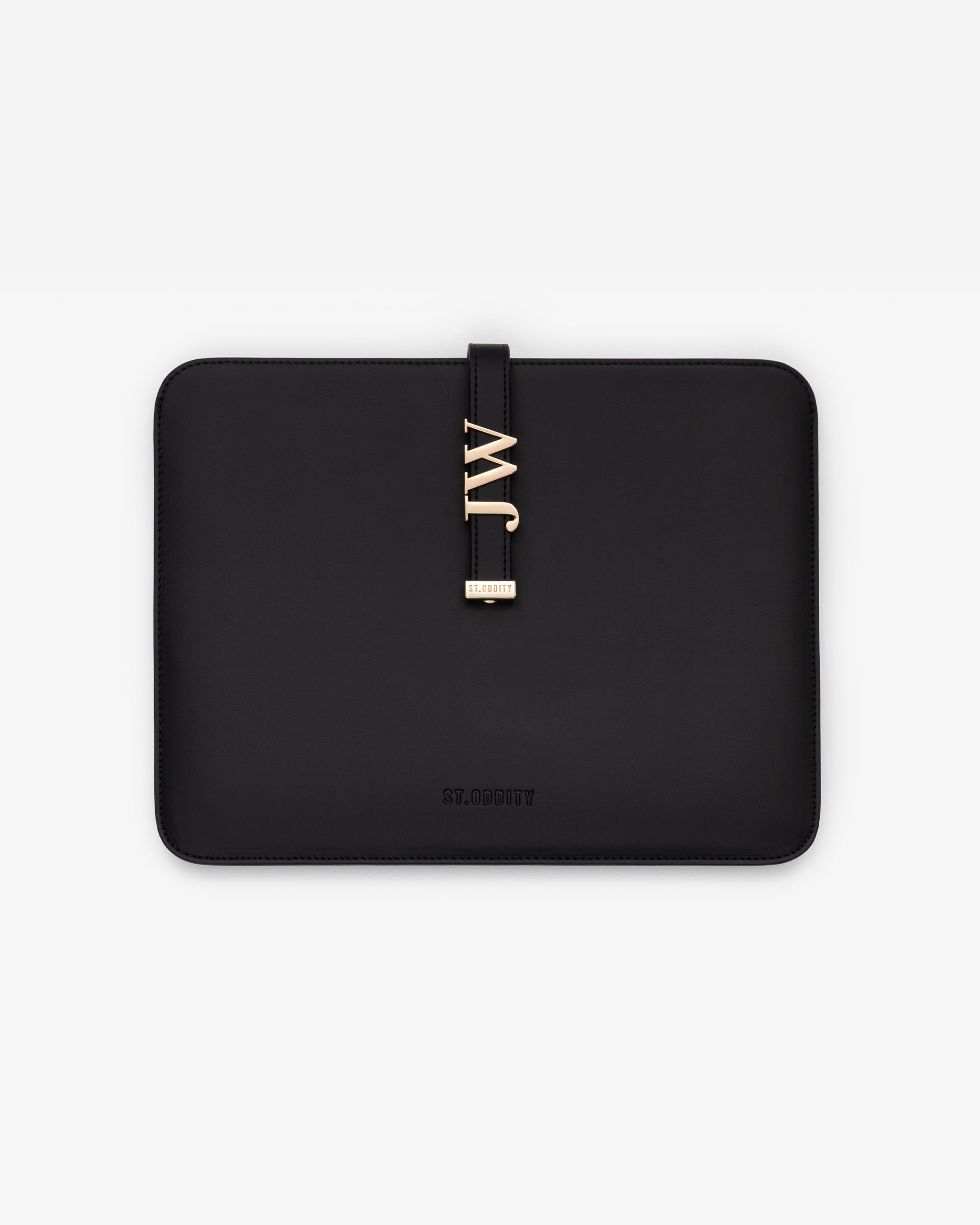 Black iPad sleeve with gold personalisation 'JW' on a white background