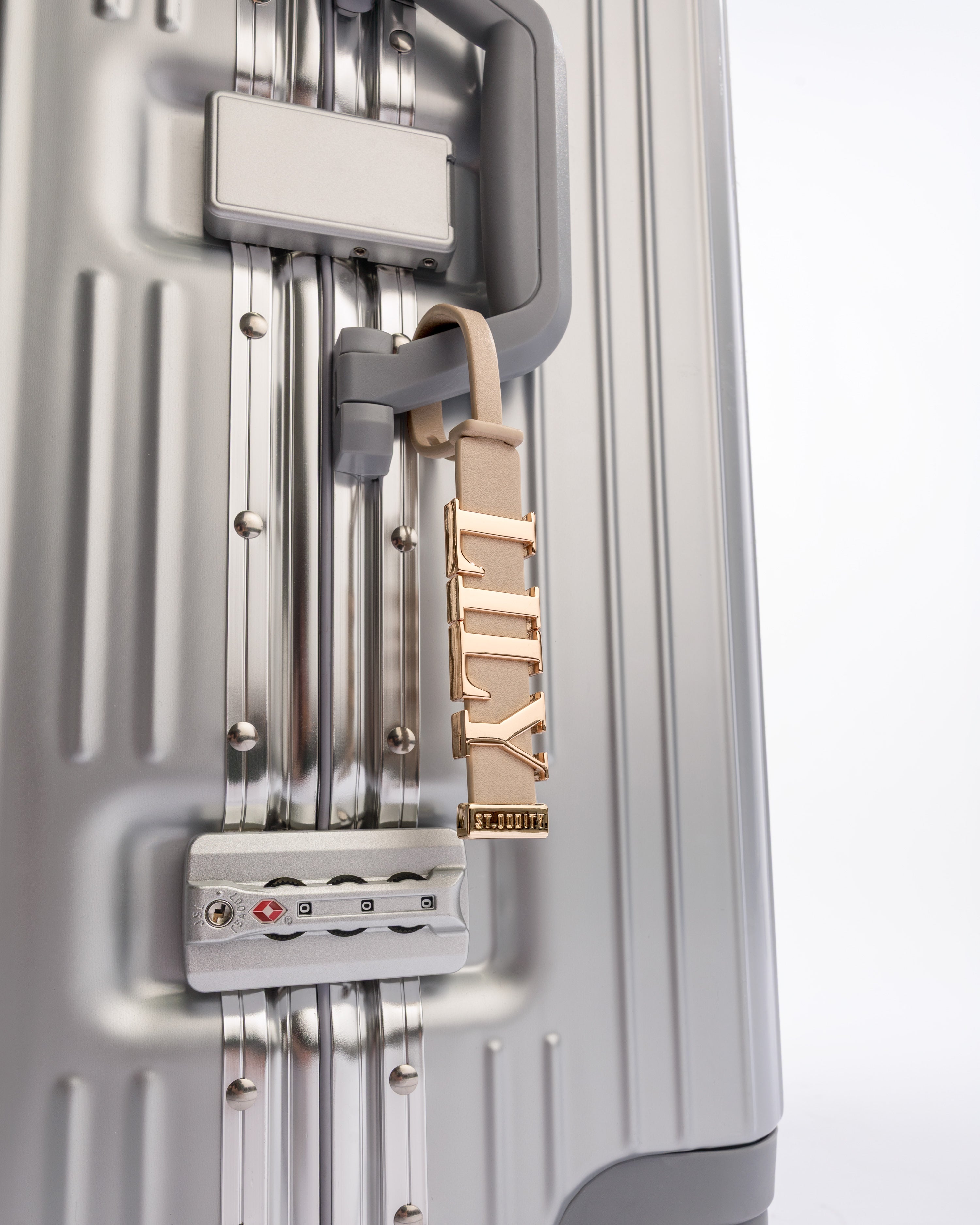 Luggage Tag in Light Sand on Silver Luggage