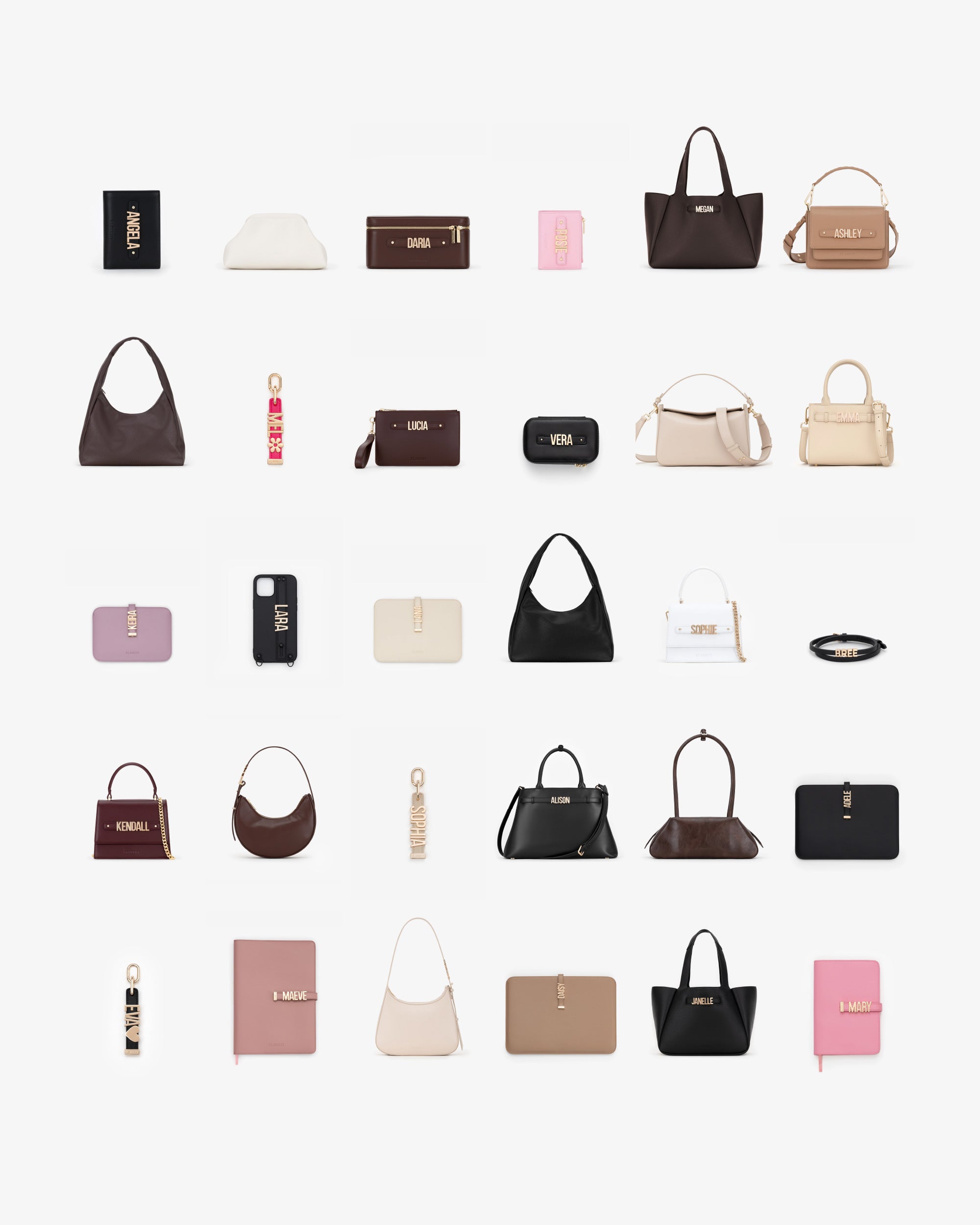 Collection of various handbags and wallets displayed on a white background