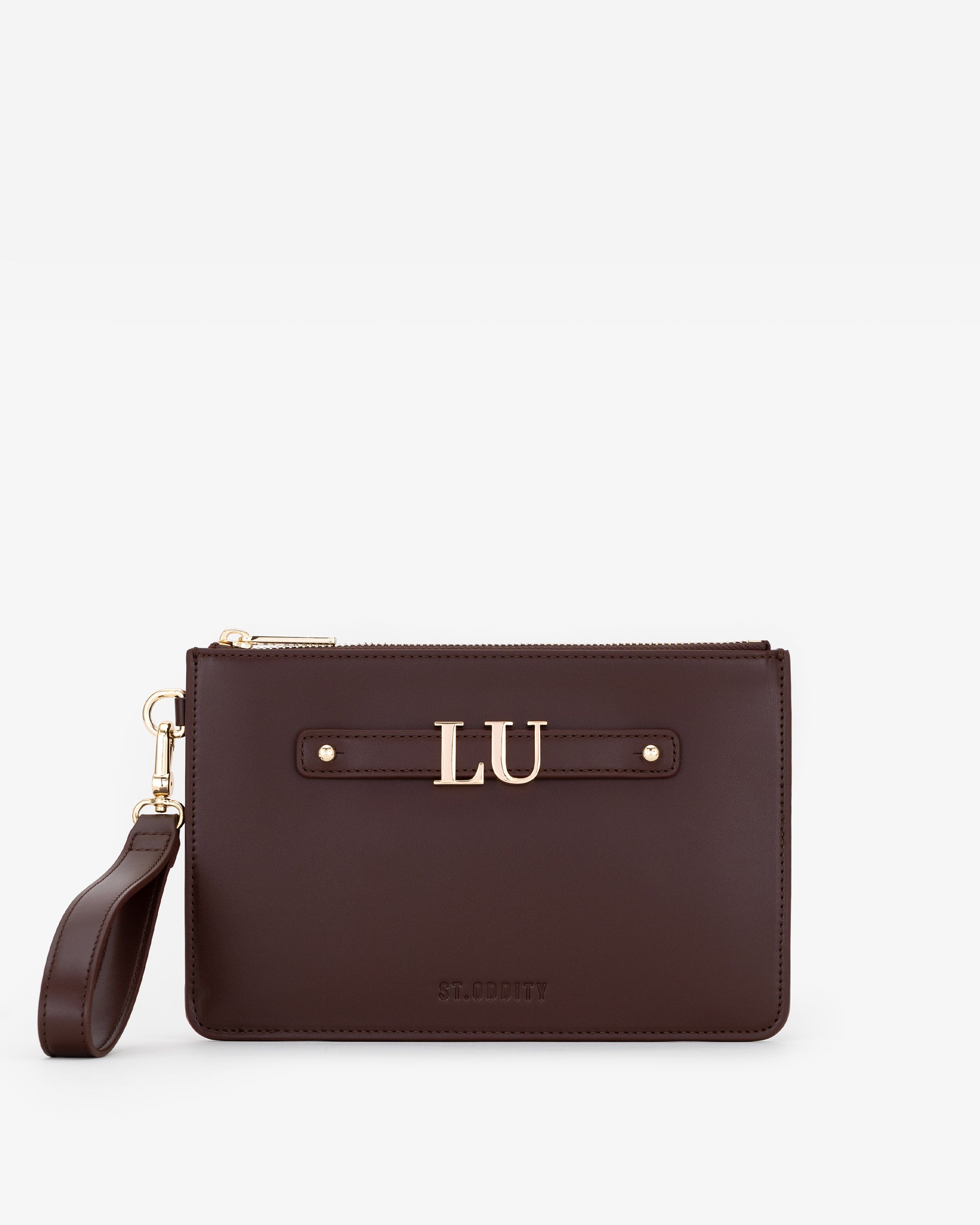 Brown pouch with gold personalisation 'LU' on a white background
