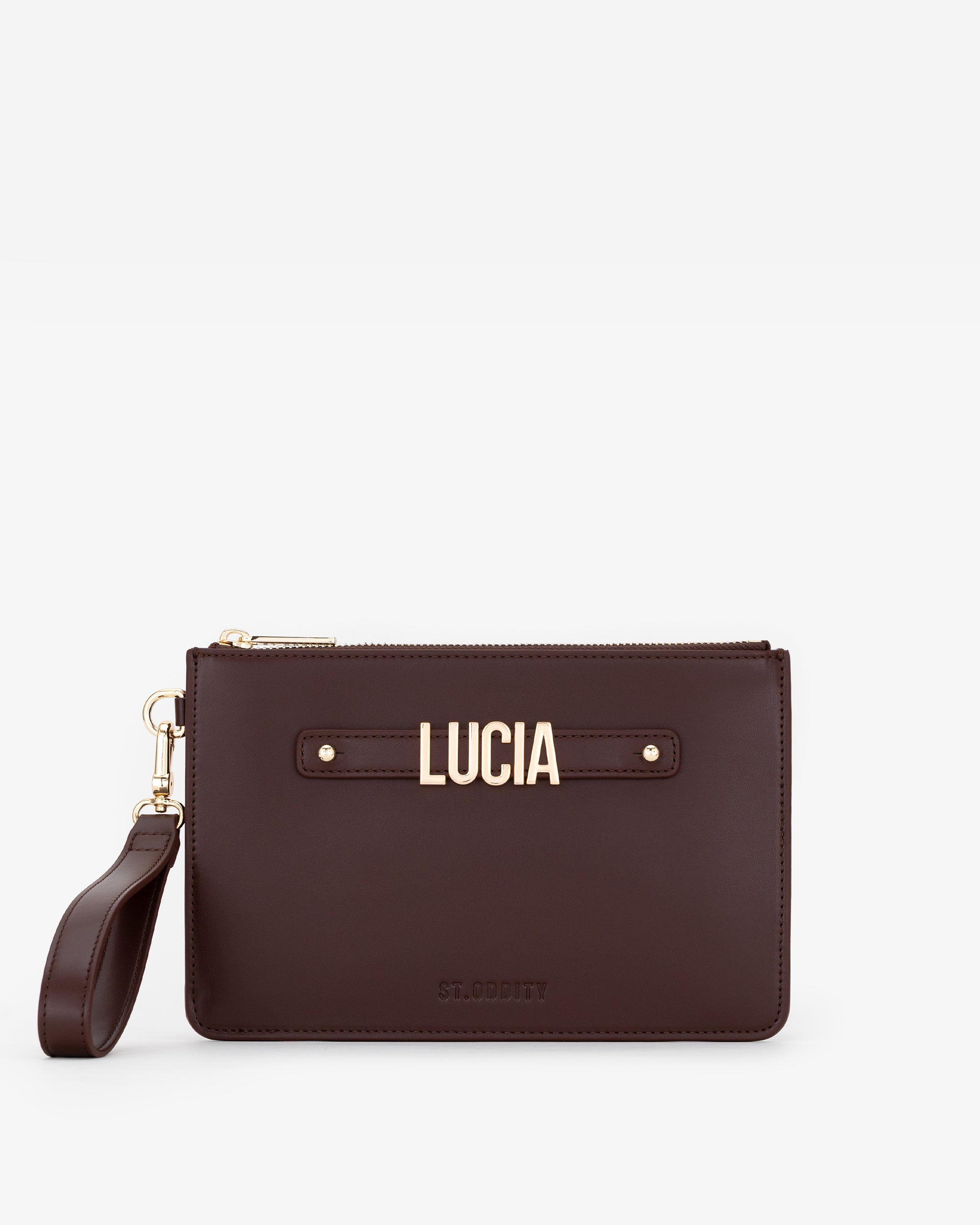 Brown pouch with gold personalisation 'LUCIA' on a white background