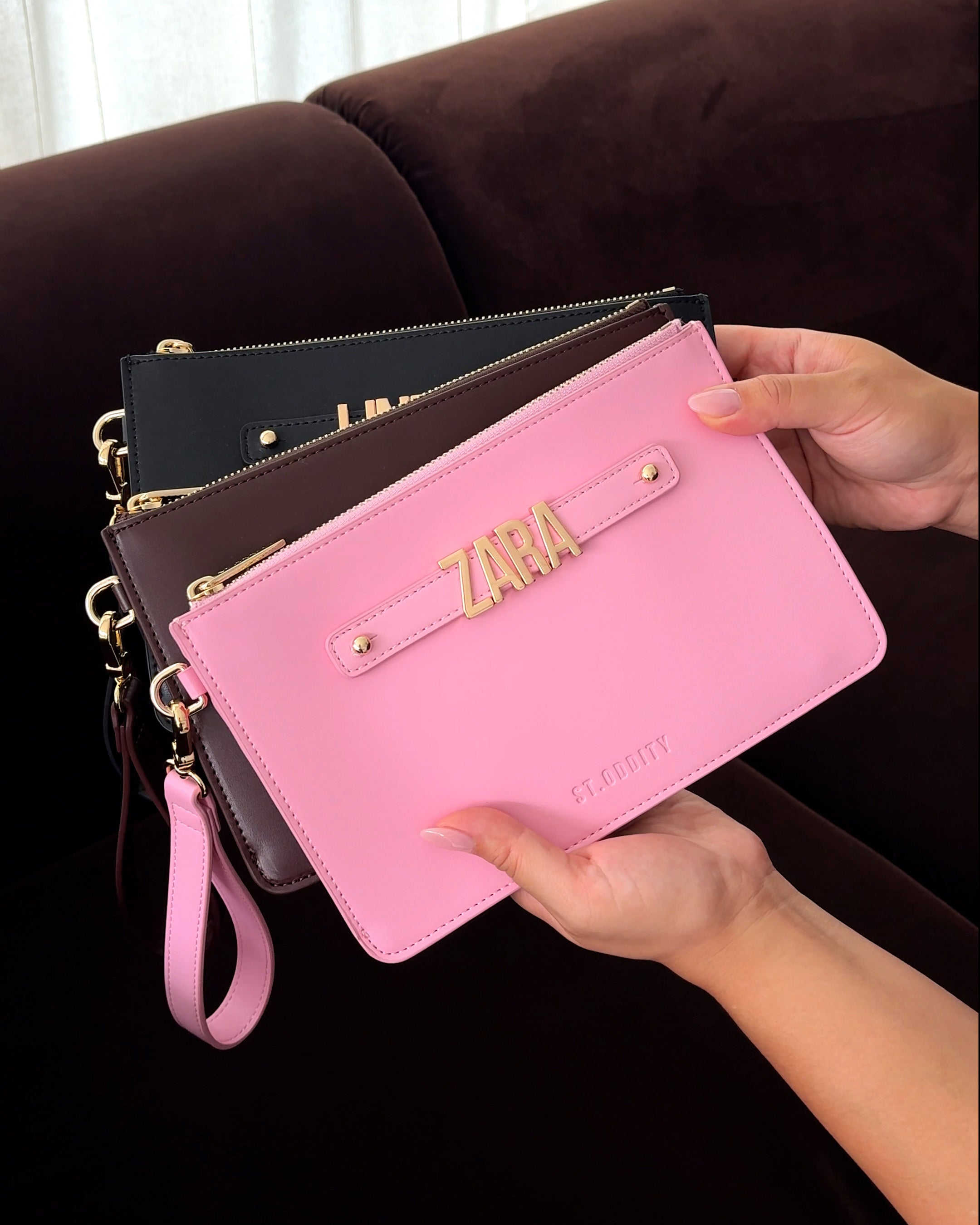 Pouch in Black/Gold, Brown and Pink with personalisation