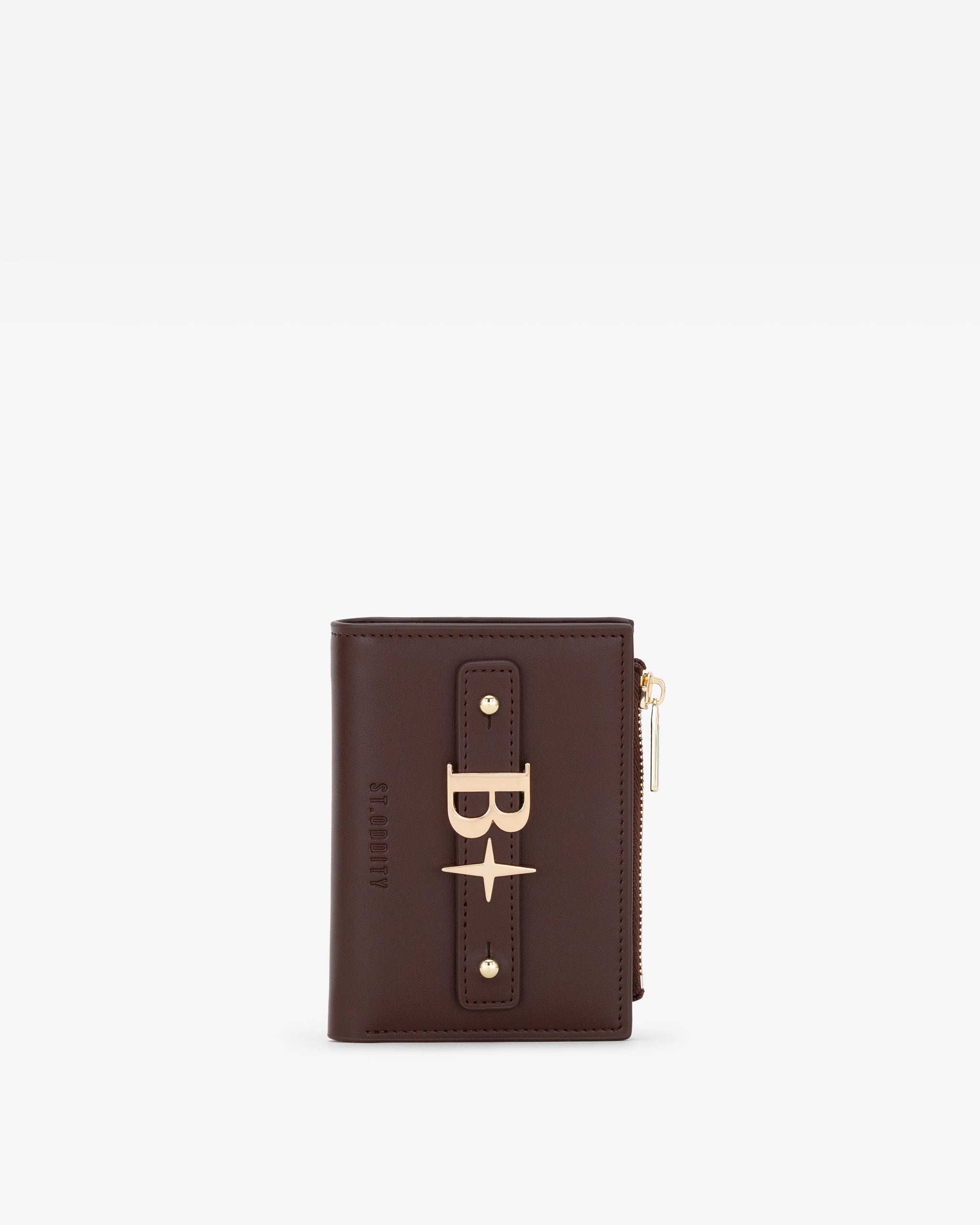 Brown wallet with gold personalisation on a white background