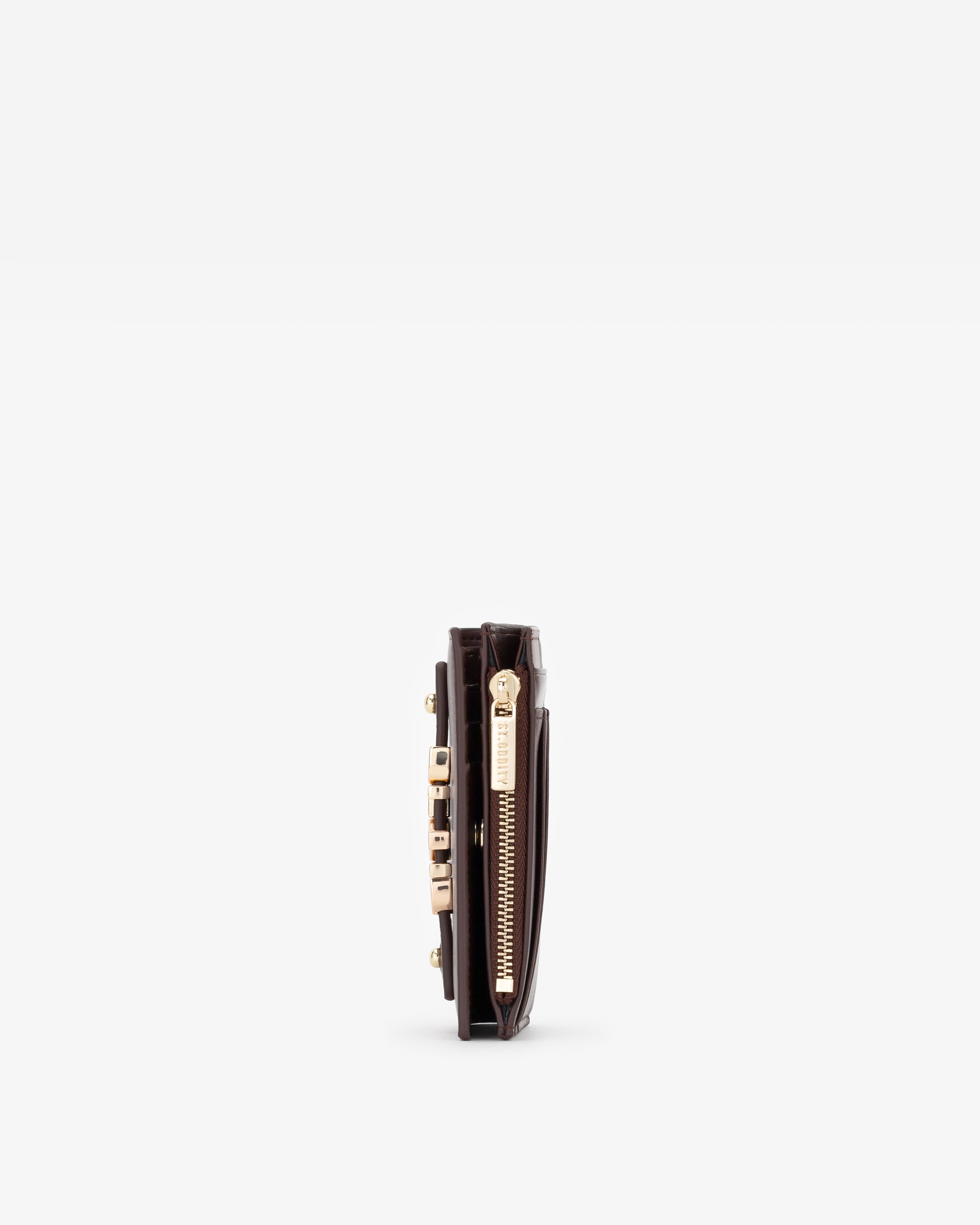 Brown wallet with gold zipper on a white background