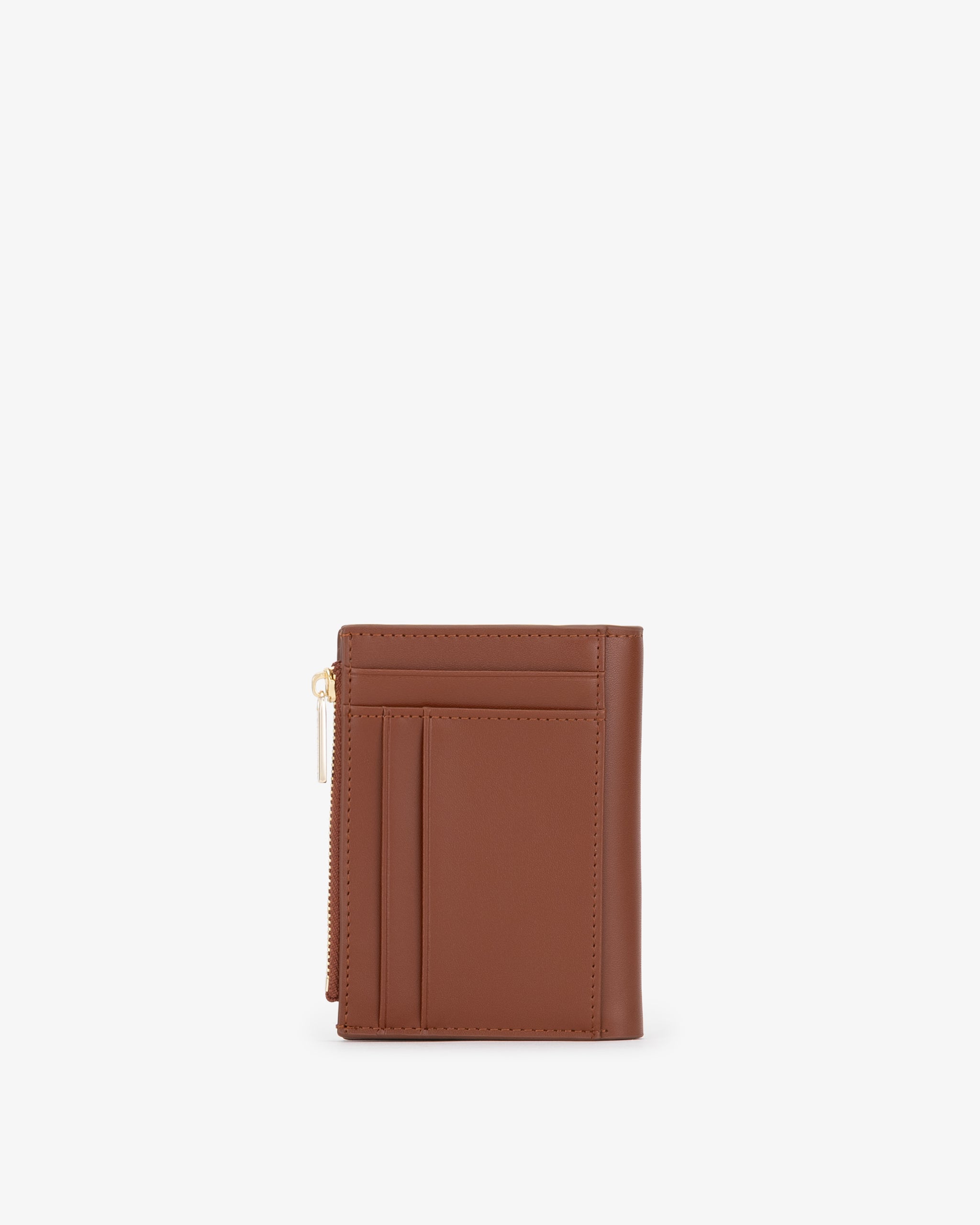 Back of cognac wallet showing card slots on a white background