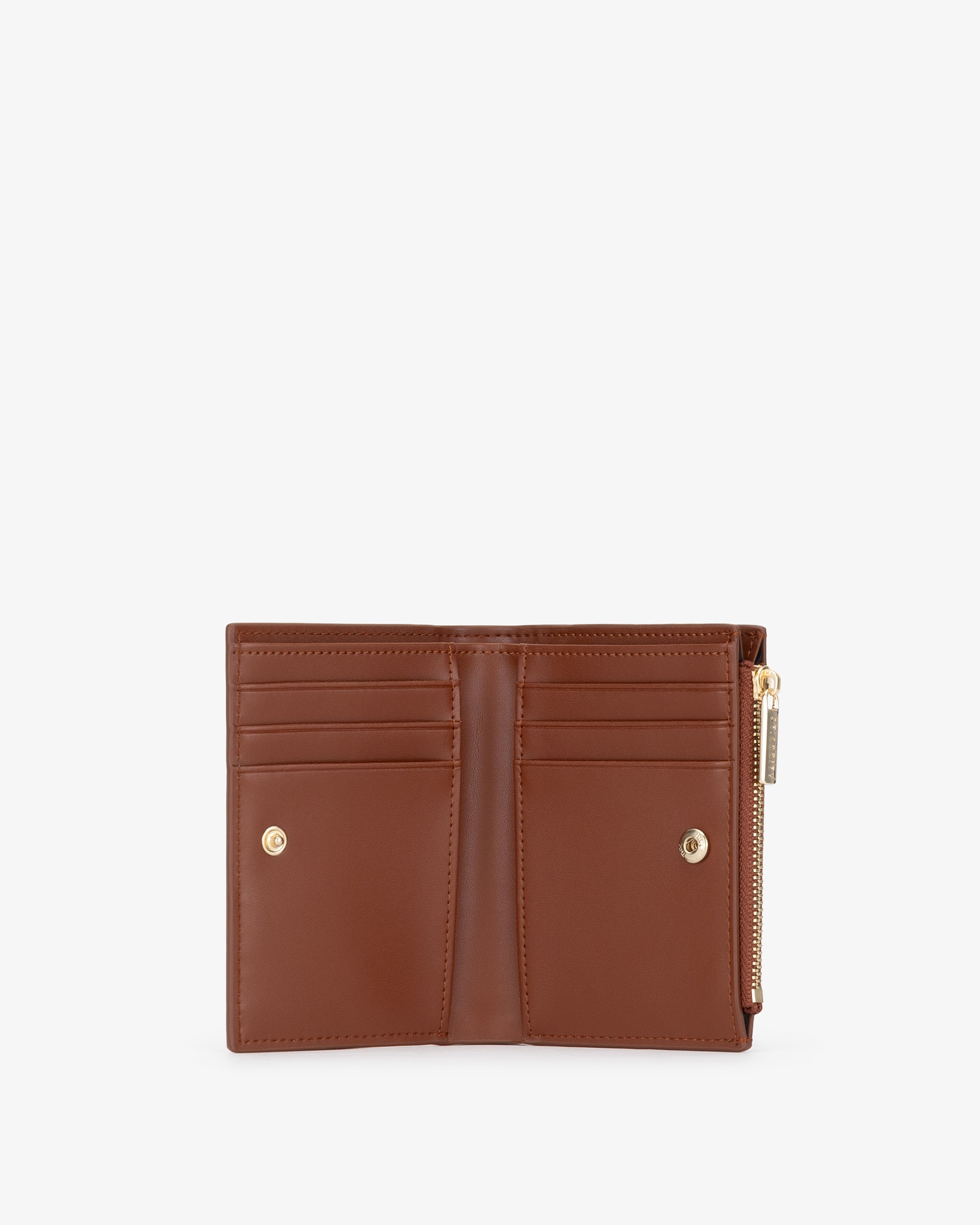 Open cognac wallet showing multiple card slots on a white background