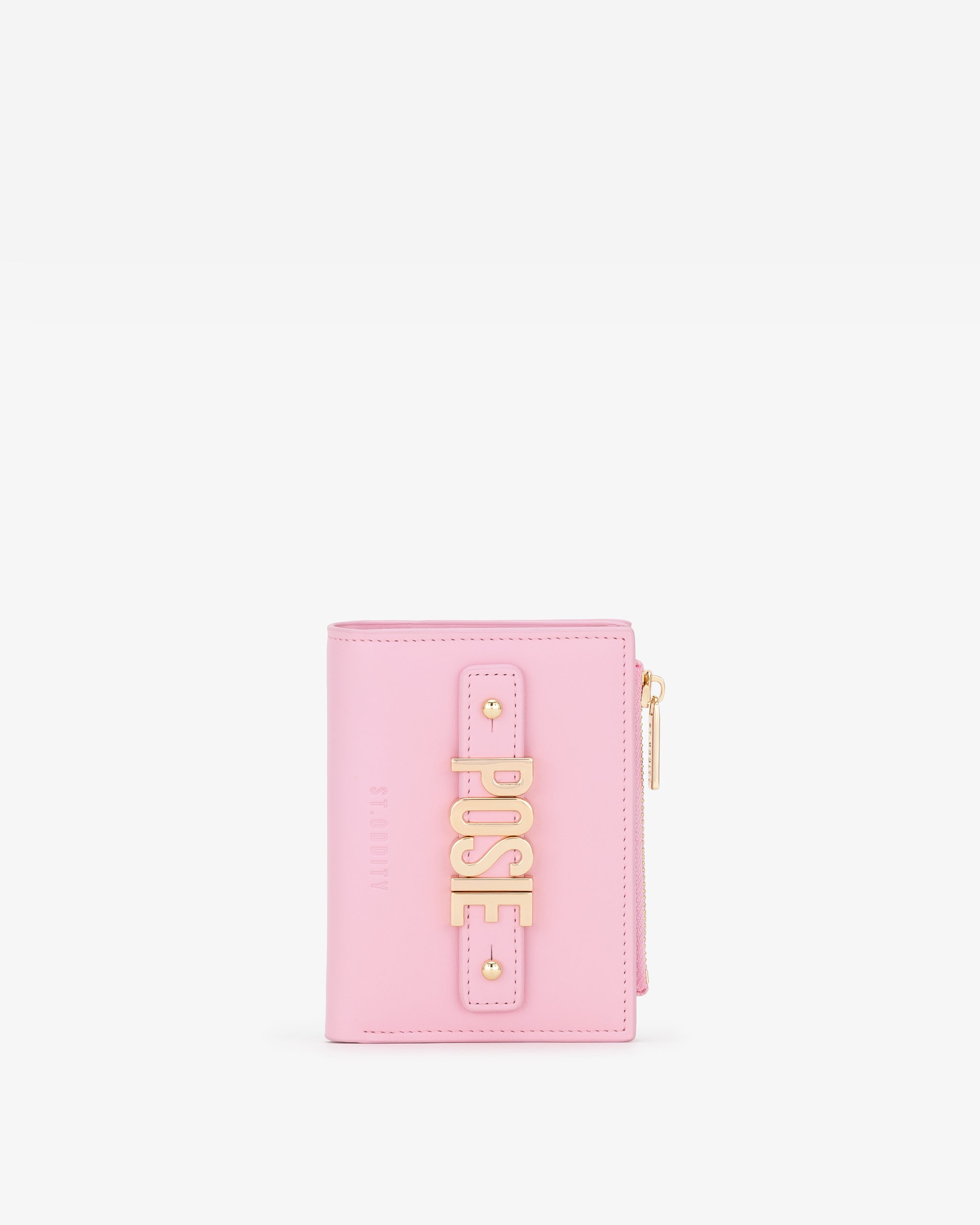 Pink wallet with gold personalisation 'POSIE' on a white background