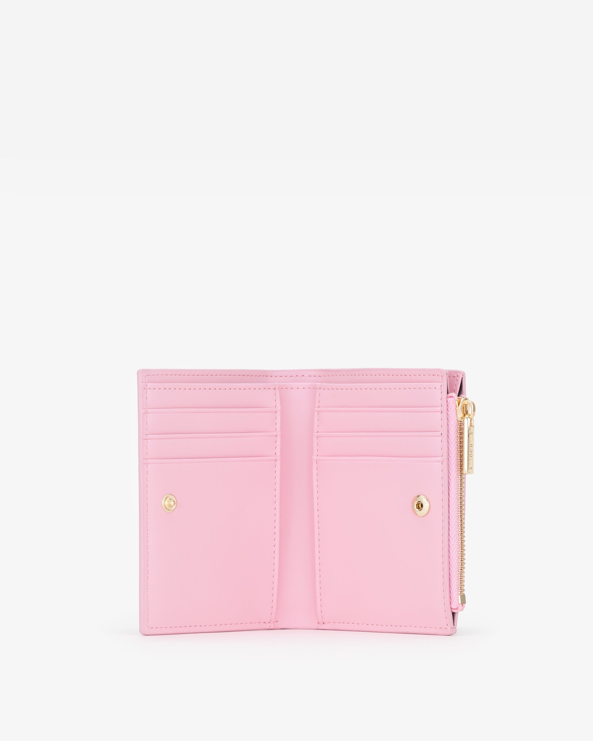 Open pink wallet showing multiple card slots on a white background