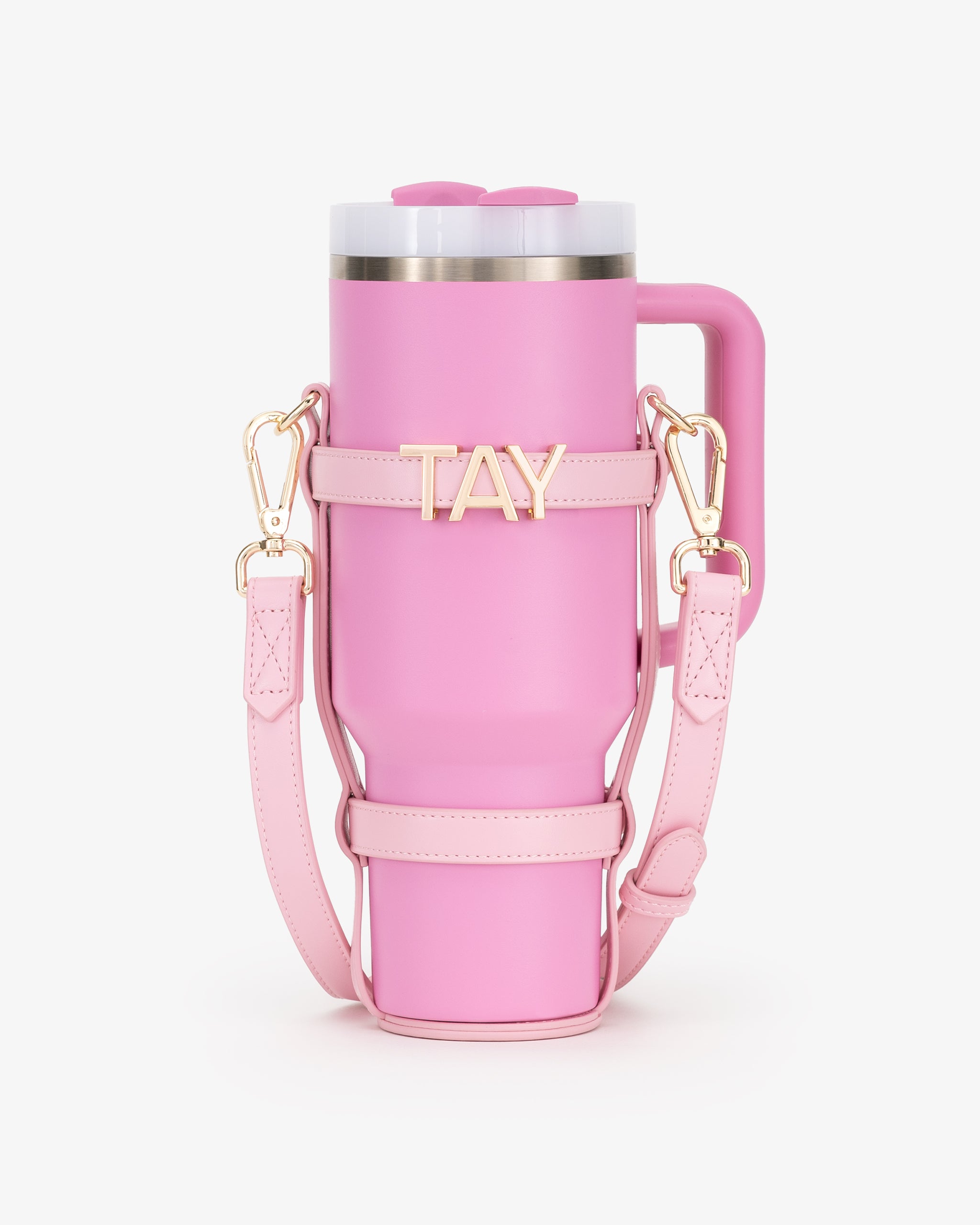 Water Bottle Holder in Pink with Personalised Hardware