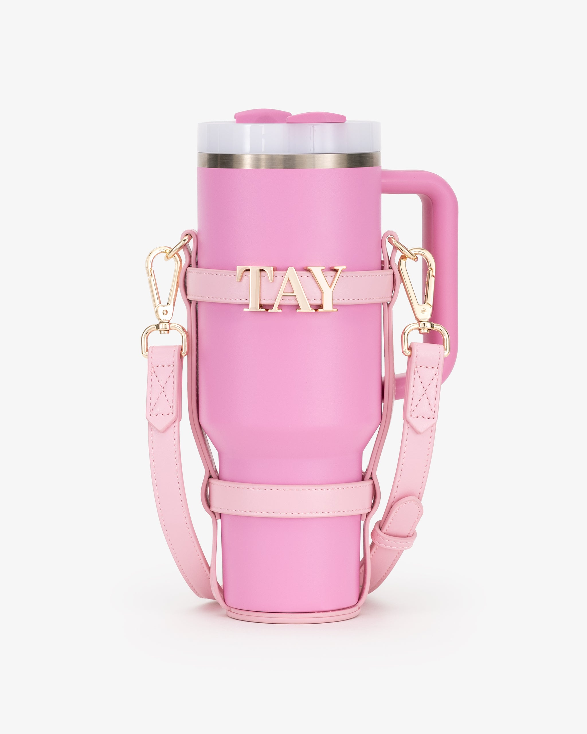 Water Bottle Holder in Pink with Personalised Hardware