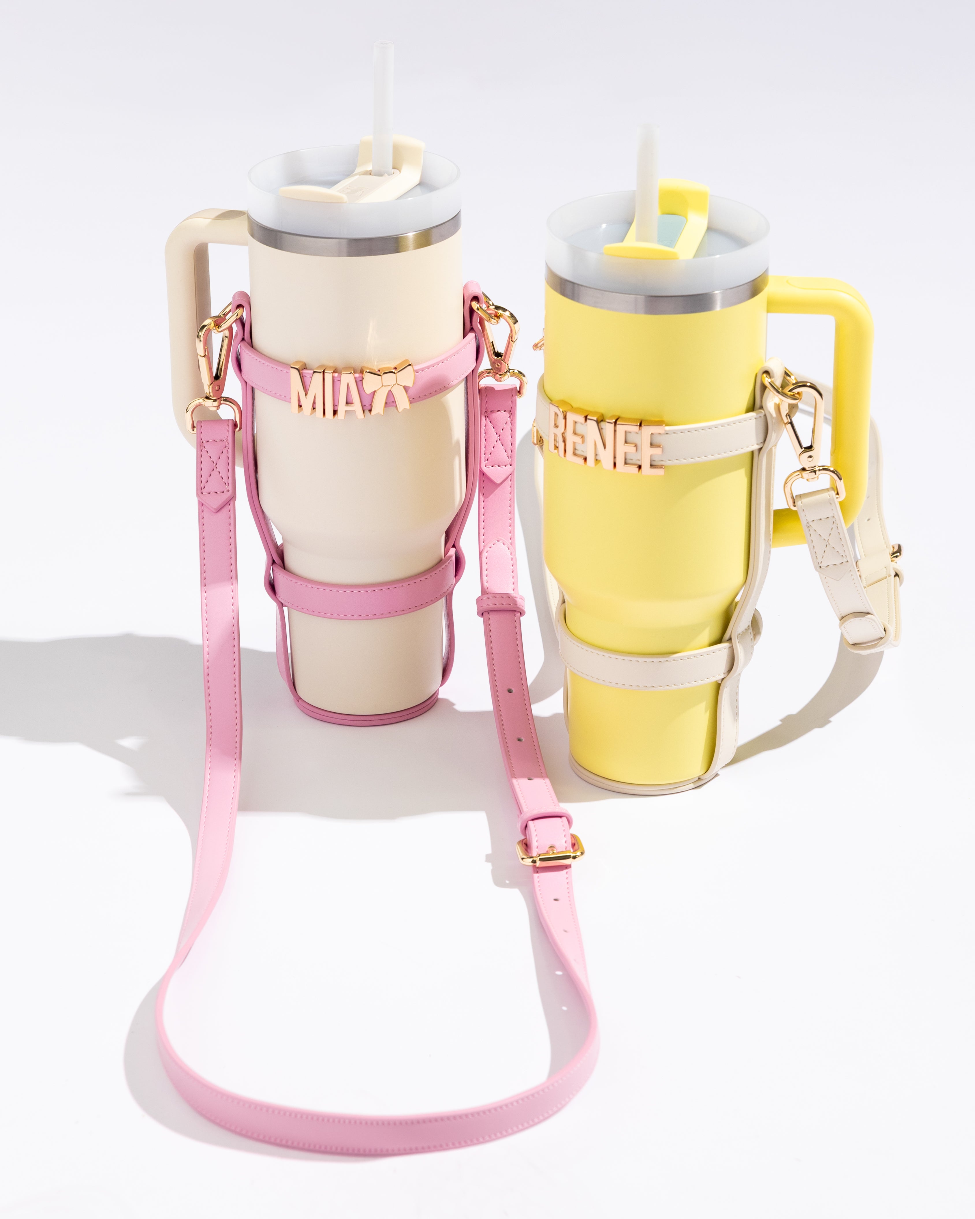 Water Bottle Holder in Pink with Personalised Hardware