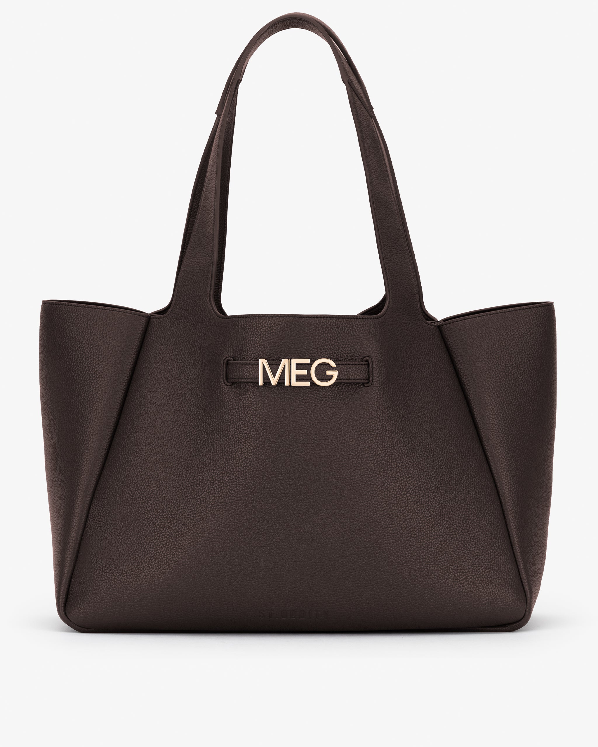 Brown handbag with gold personalisation 'MEG' on a white background