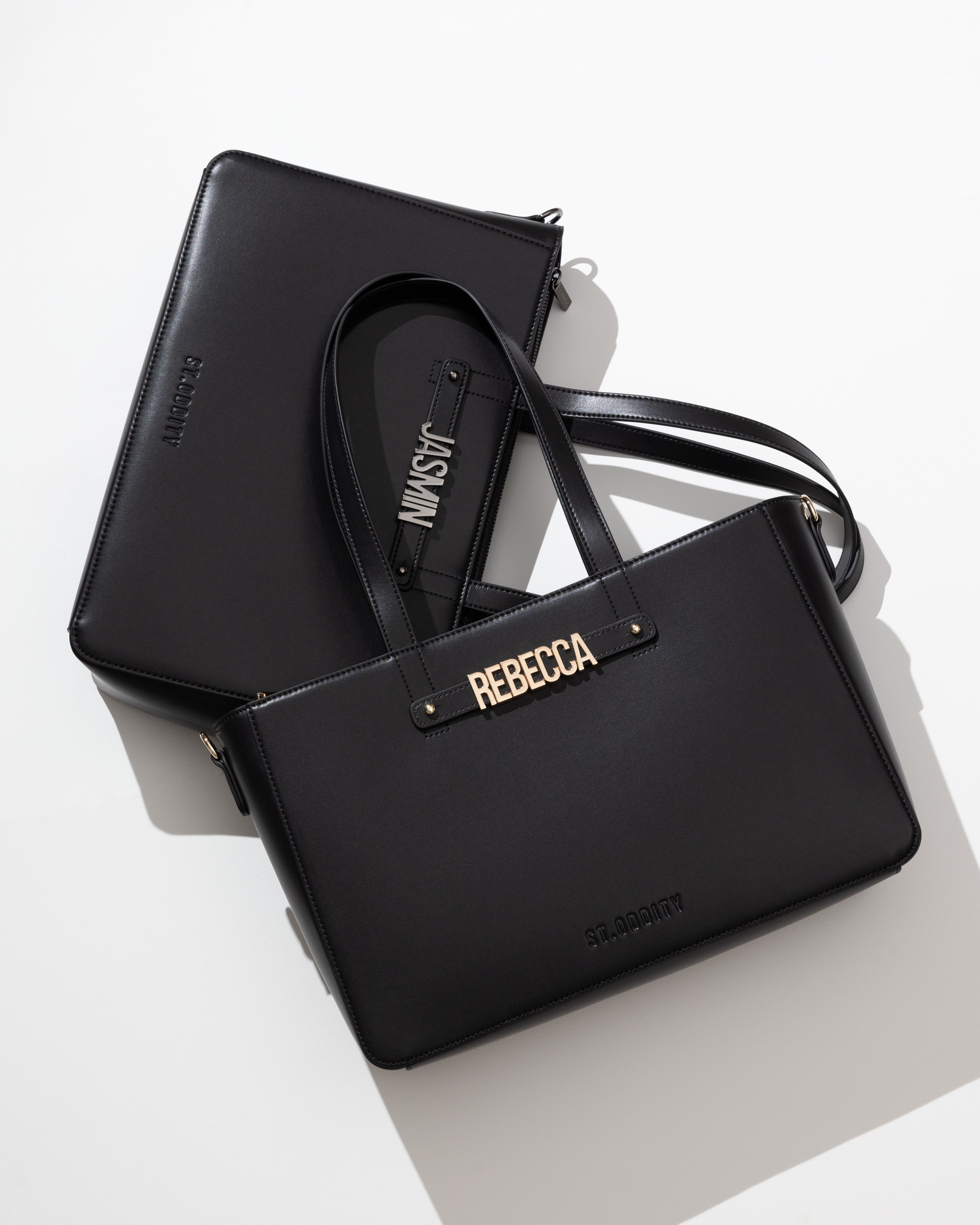 Wide Tote in Black/Gunmetal with Personalised Hardware