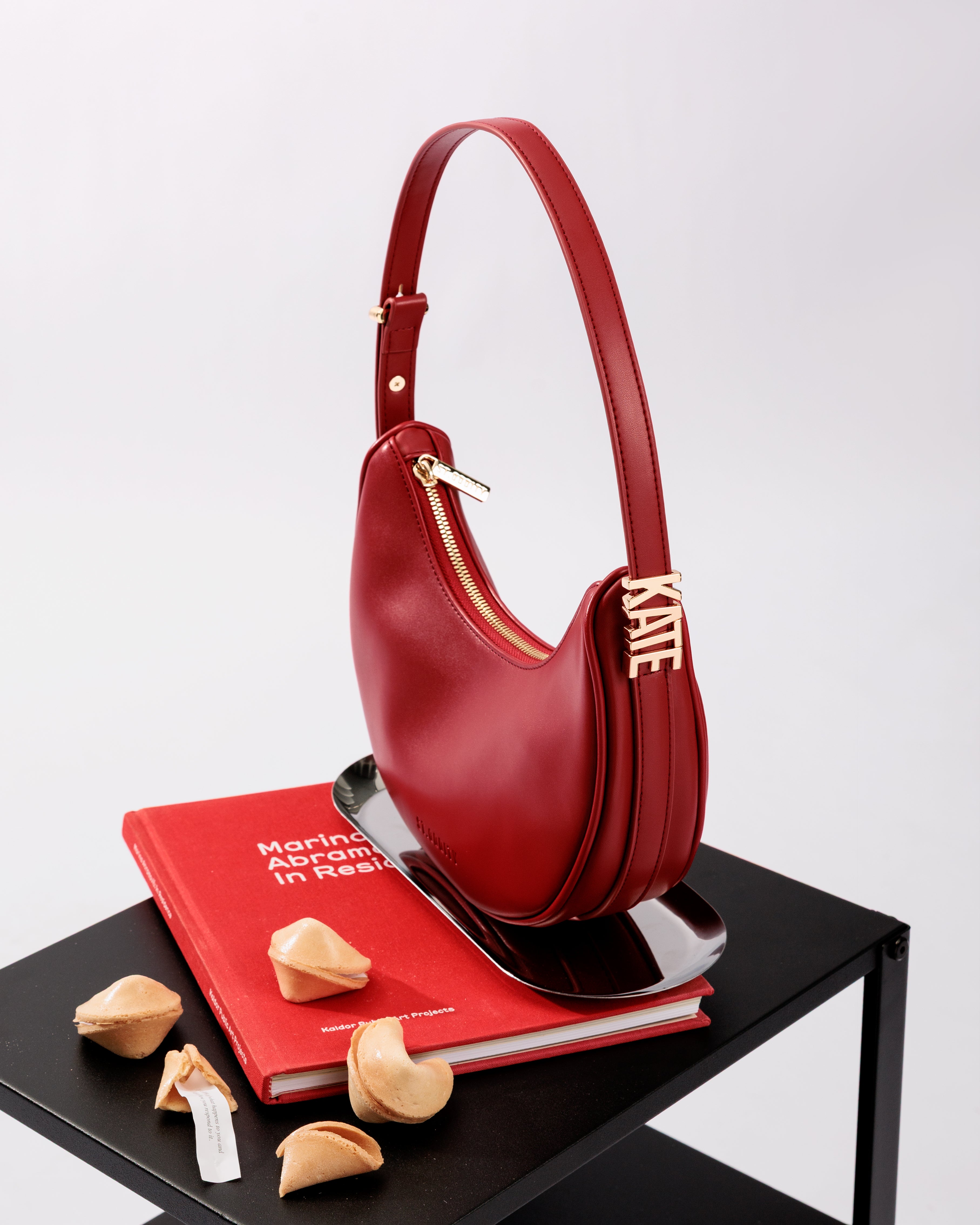 Crescent Shoulder Bag in Cherry Red with Personalised Hardware