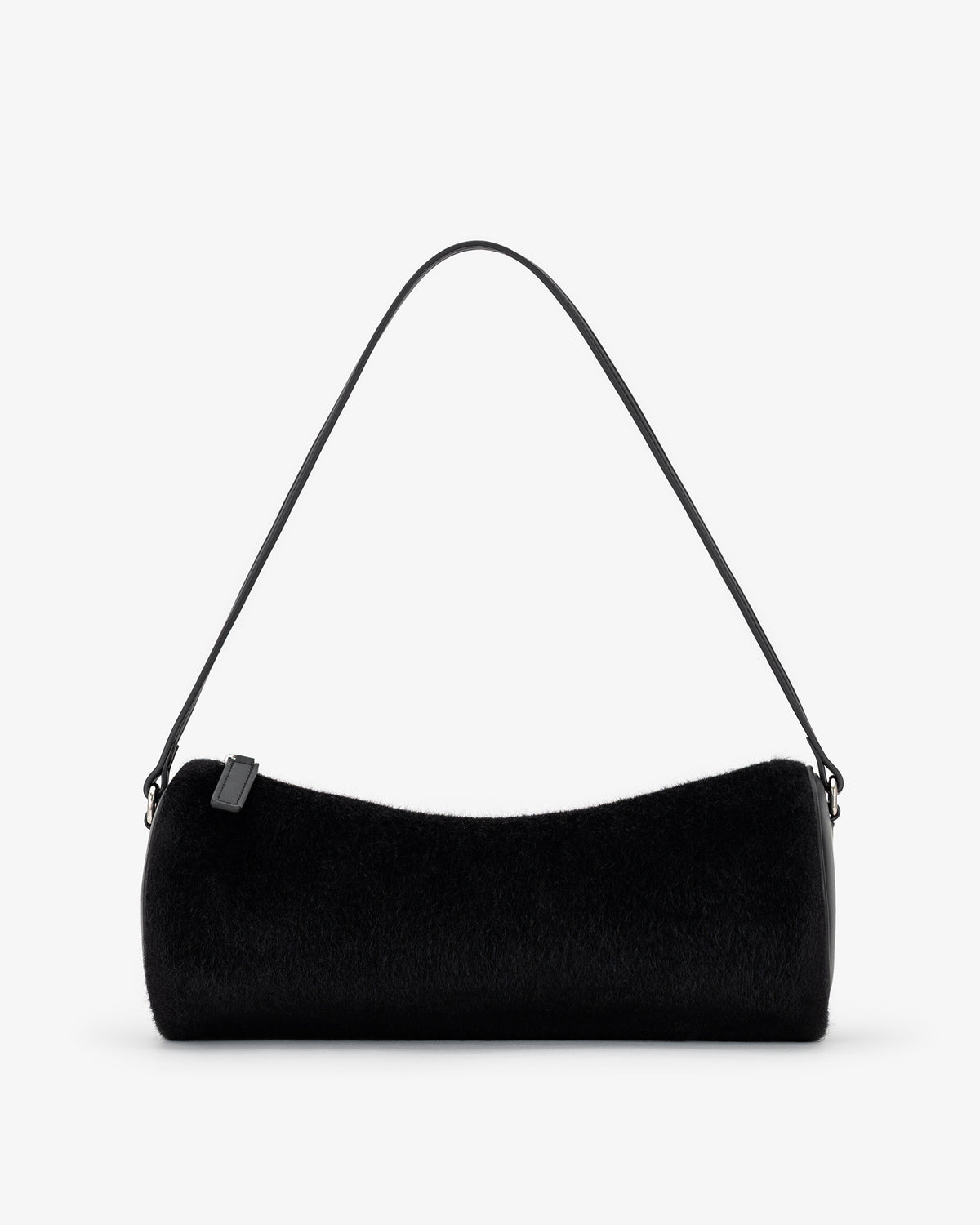 A black barrel shoulder bag with a textured fuzzy body and a thin black strap, shown against a plain white background.