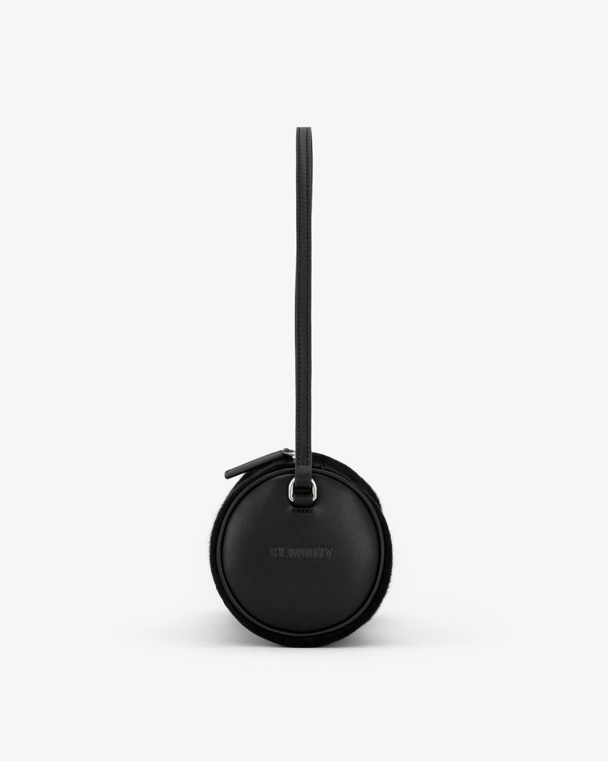 A black round zippered pouch with a long strap and a small silver logo on the front, photographed against a clean white background.