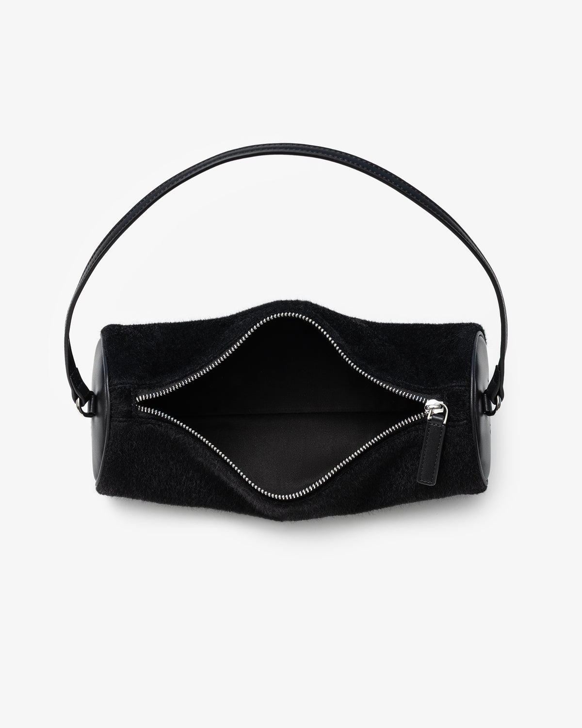 A black textured shoulder bag with an open top zipper and a single thin black strap, shown from a top-down view on a light gray background.