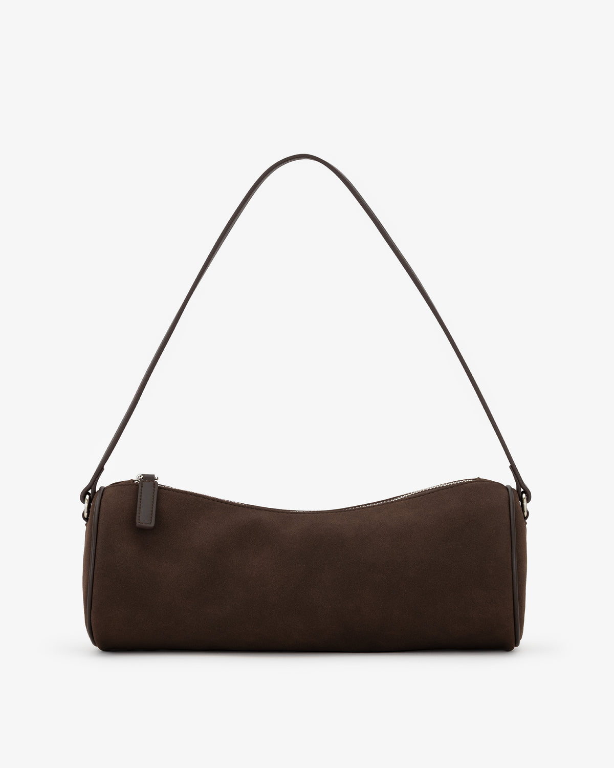 A dark brown suede barrel shoulder bag with a curved, slouchy silhouette and a single thin shoulder strap, shown against a plain white background.