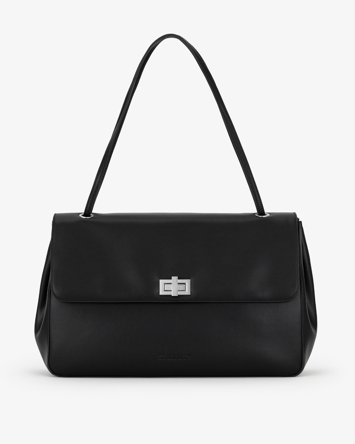 A black leather shoulder bag with a structured rectangular shape, a single shoulder strap, and a silver-tone metal clasp on the front flap, shown against a plain white background.
