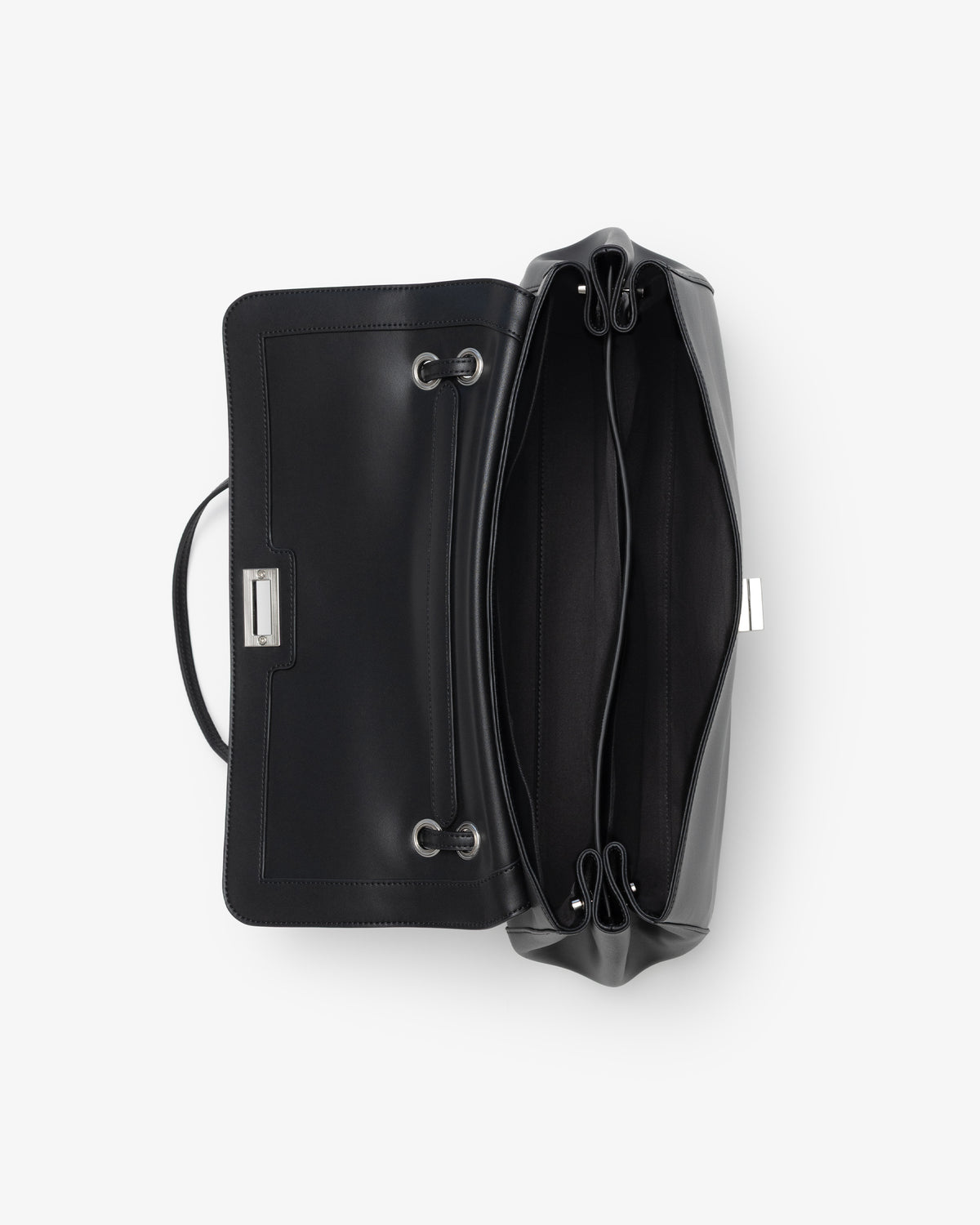 A black leather clutch handbag shown from a top-down view, open to reveal its interior compartments and silver-tone hardware, set against a plain light gray background.
