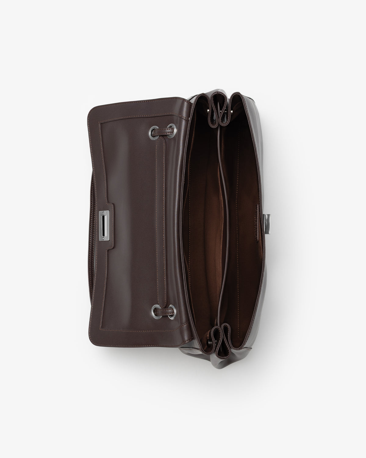 A dark brown leather handbag shown open from a top-down view, displaying its interior compartments and silver-tone hardware against a clean white background.