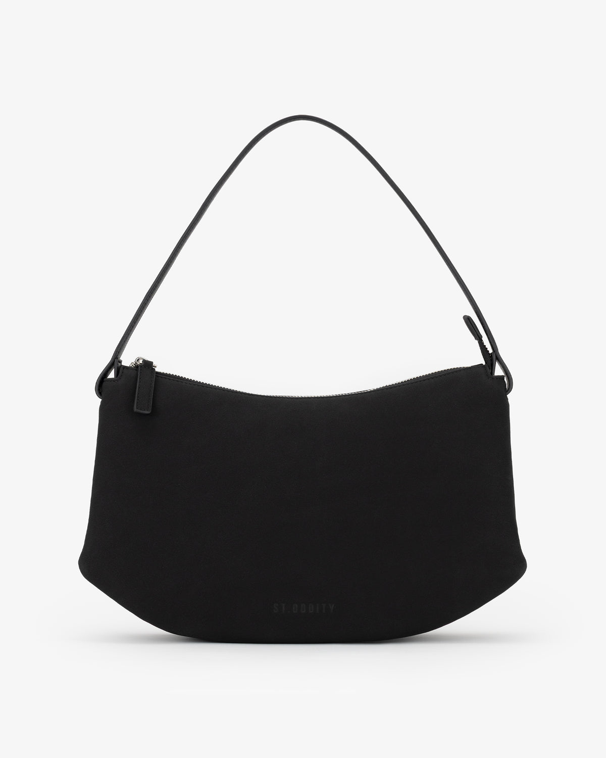 A black crescent-shaped shoulder bag with a single thin strap and a subtle logo on the front, shown against a plain white background.