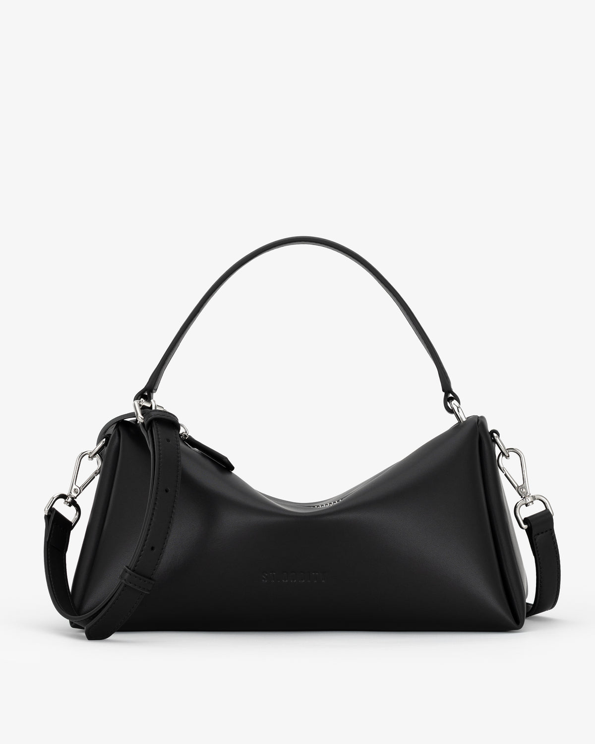 A black leather slouchy shoulder bag with a top handle and an adjustable shoulder strap, shown against a plain white background.