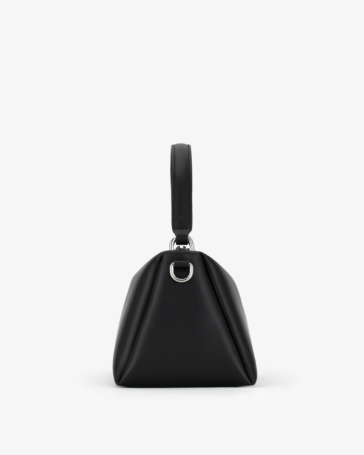 A black leather handbag with a structured, geometric triangular shape, a top handle, and a silver-tone metal D-ring accent, shown against a plain white background.