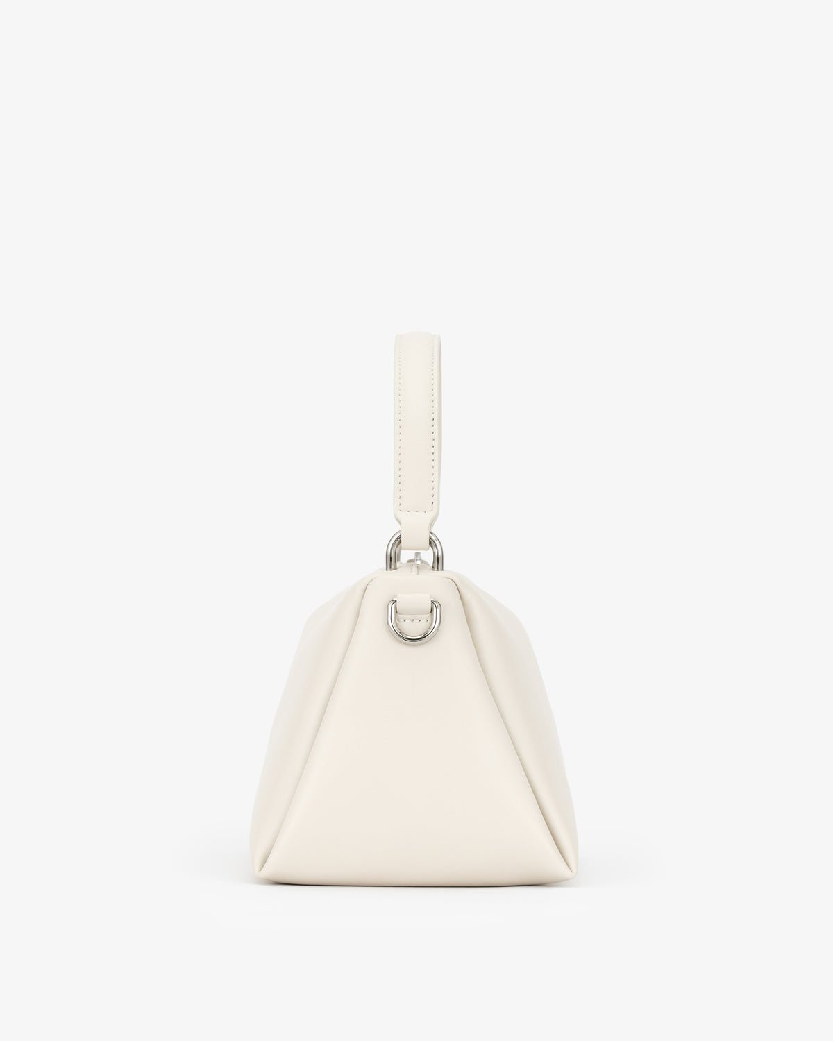 A structured, cream-colored leather handbag with a short top handle and silver-tone hardware, centered against a plain white background.