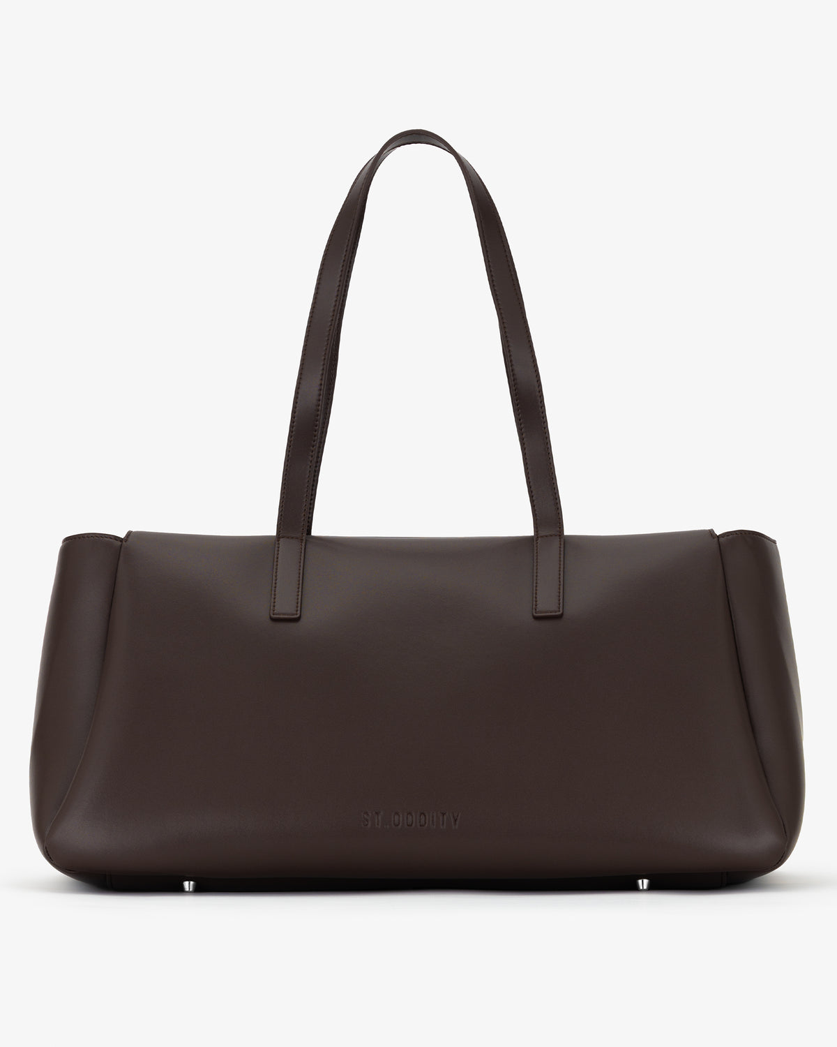 A dark brown leather tote bag with long shoulder straps and small silver hardware feet at the bottom, shown against a plain white background.