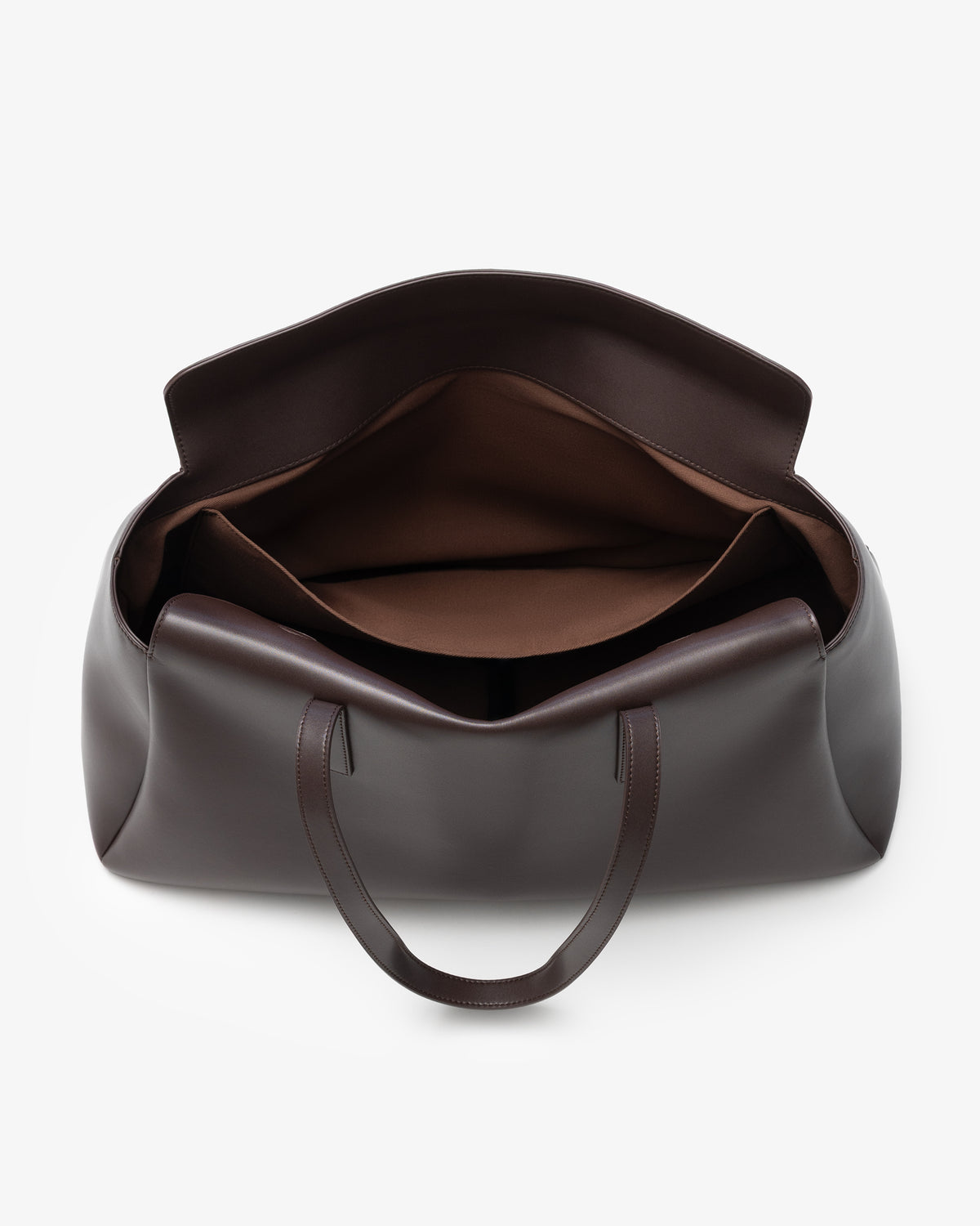 A dark brown leather tote bag shown from a top-down view, open to reveal a matching brown interior, set against a clean white background.