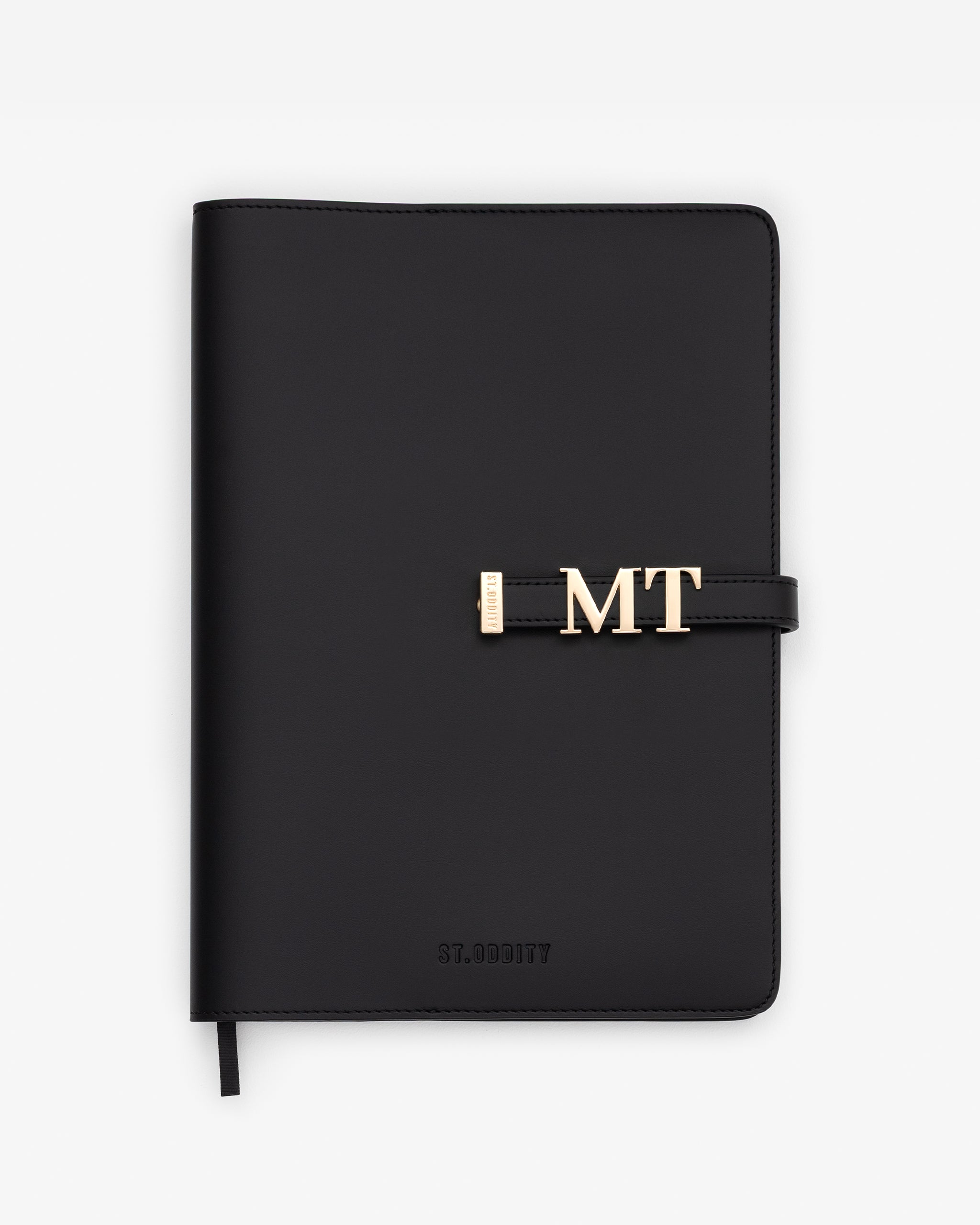 Black/Gold A4 Notebook with 'MT' gold personalisation on a white background.